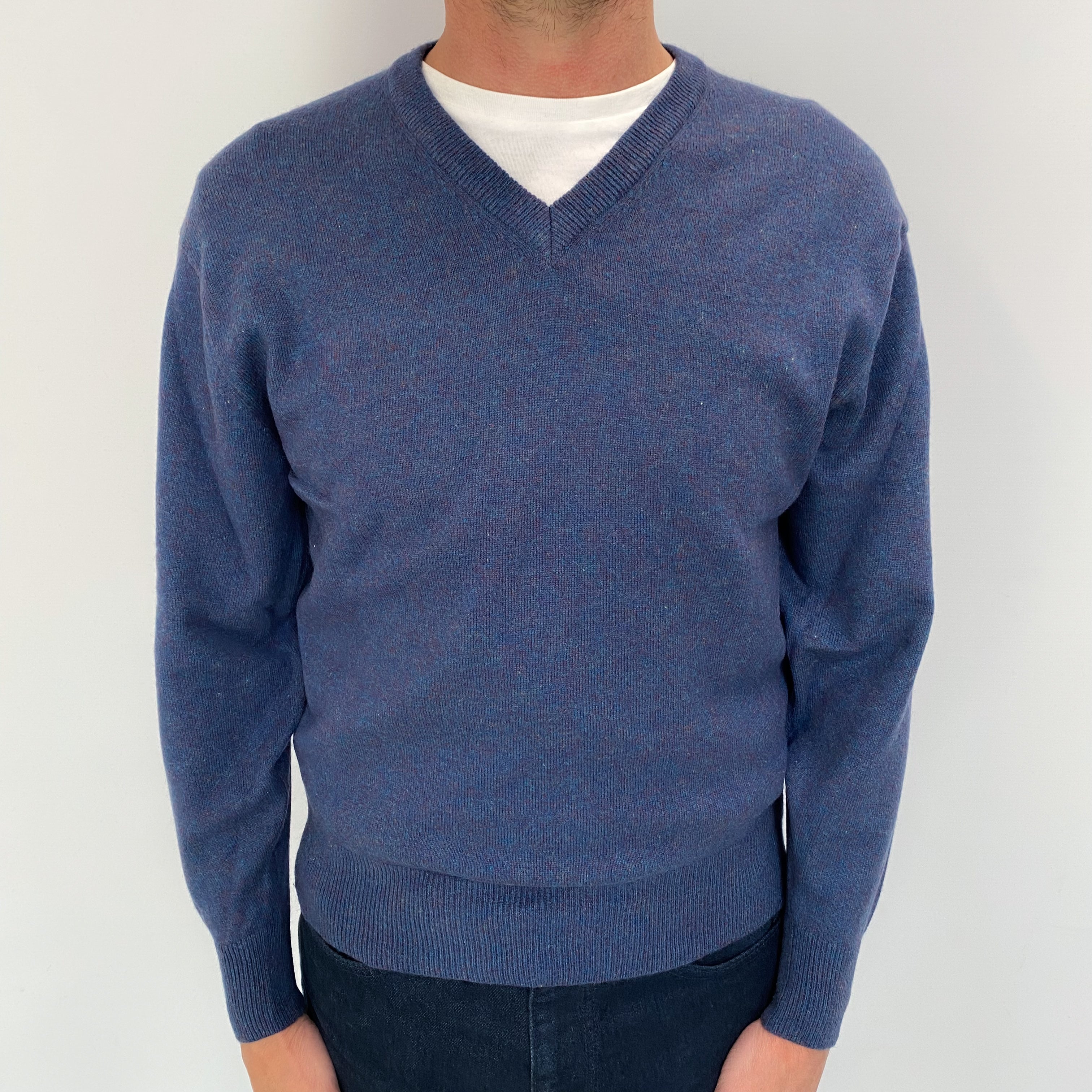 Men's Deep Blue Marl Cashmere V Neck Jumper Small