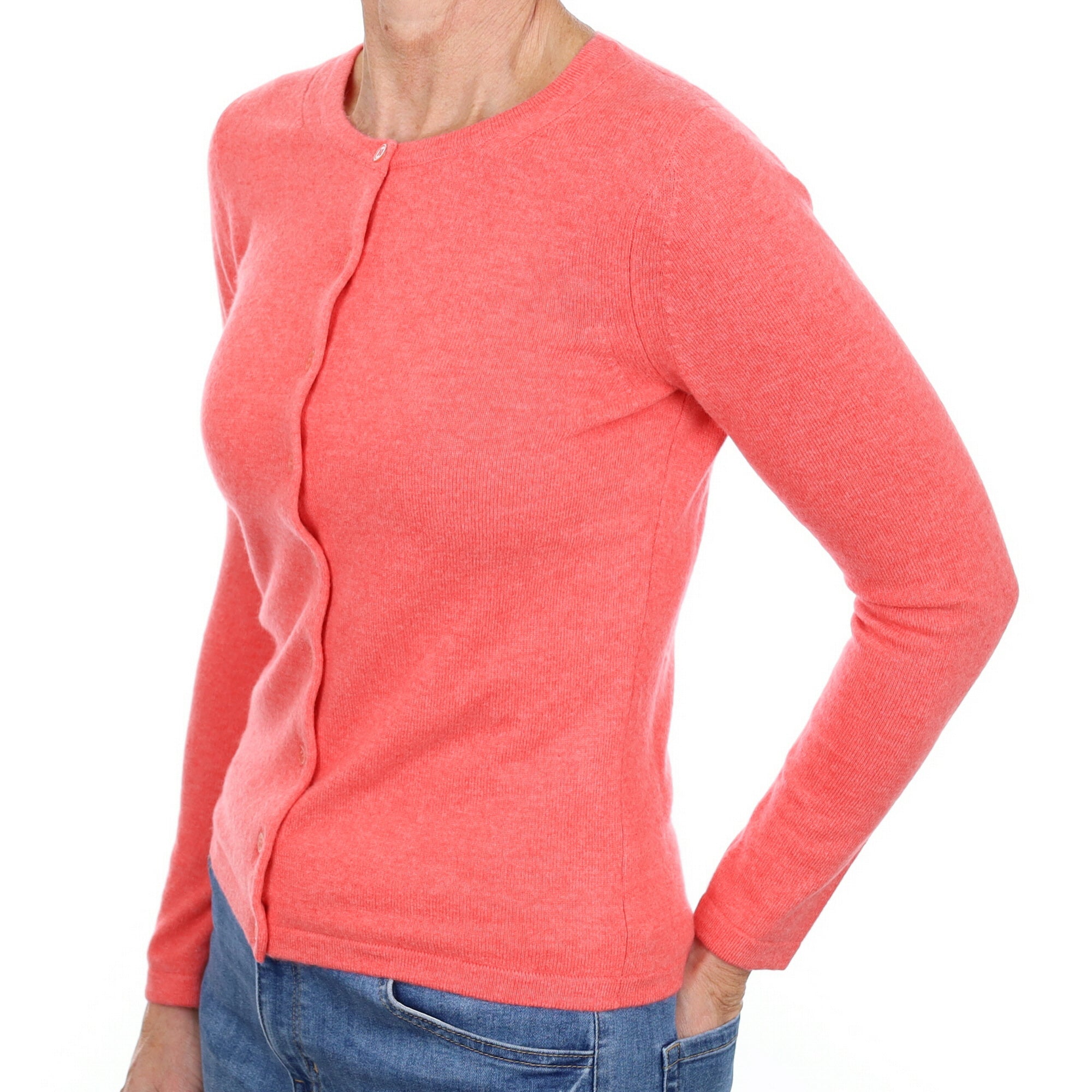 New Coral Pink Cashmere Crew Neck Cardigan Small