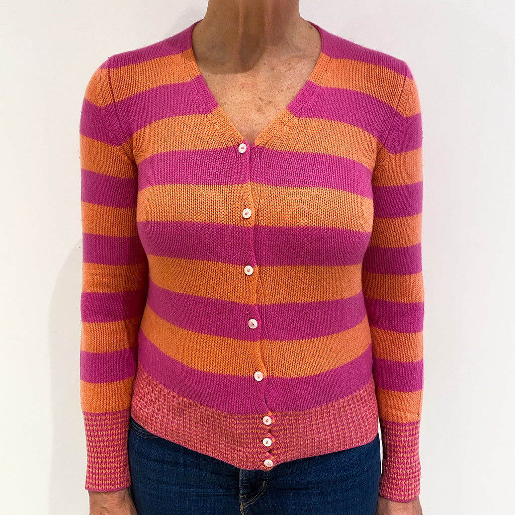 Tulip Pink and Orange Stripe Cashmere V - Neck  Cardigan Medium