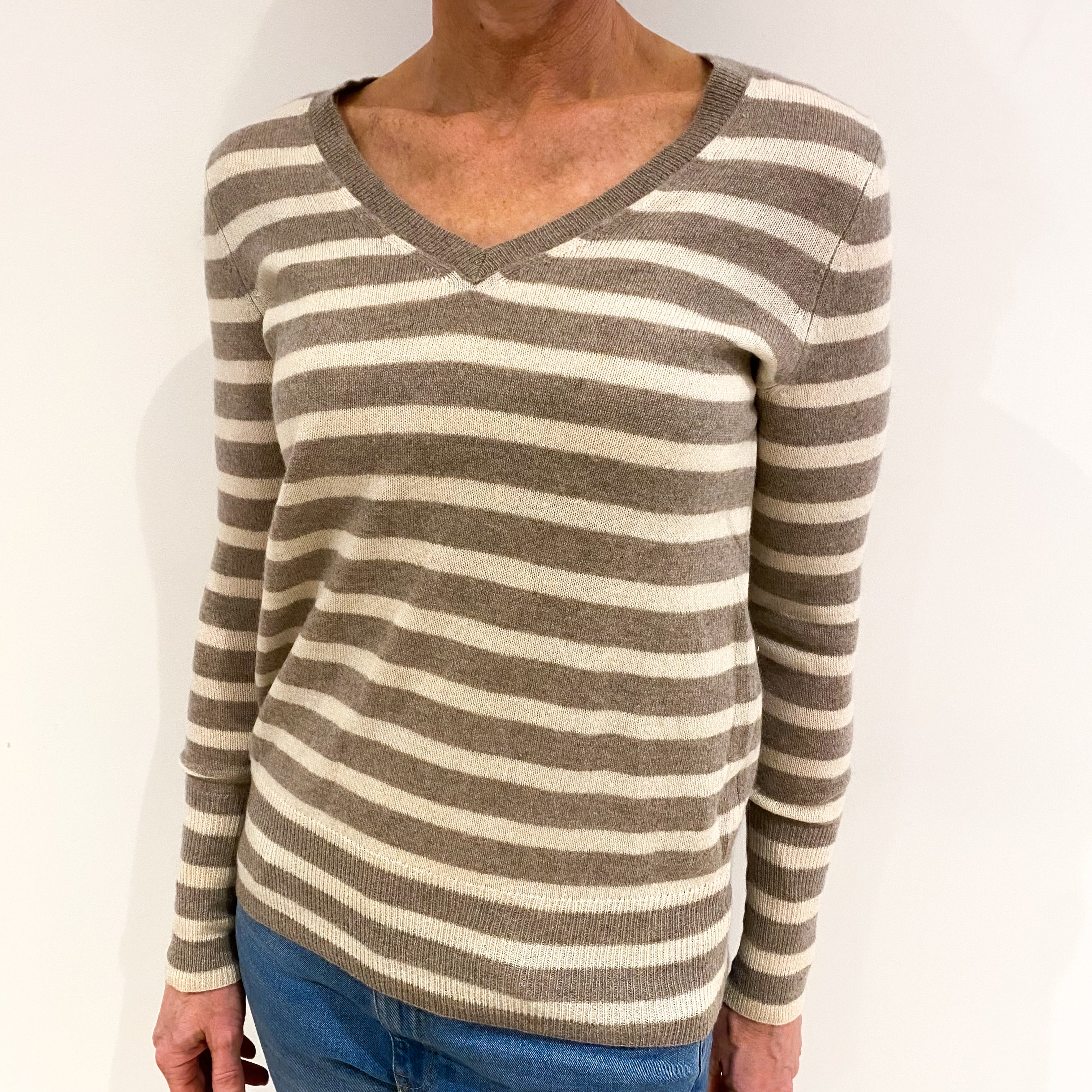 Fawn Cream Stripe Cashmere V Neck Jumper Small