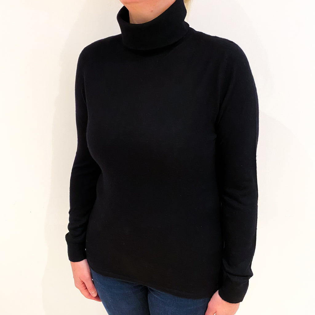 Black Fine Knit Cashmere Polo Neck Jumper Large
