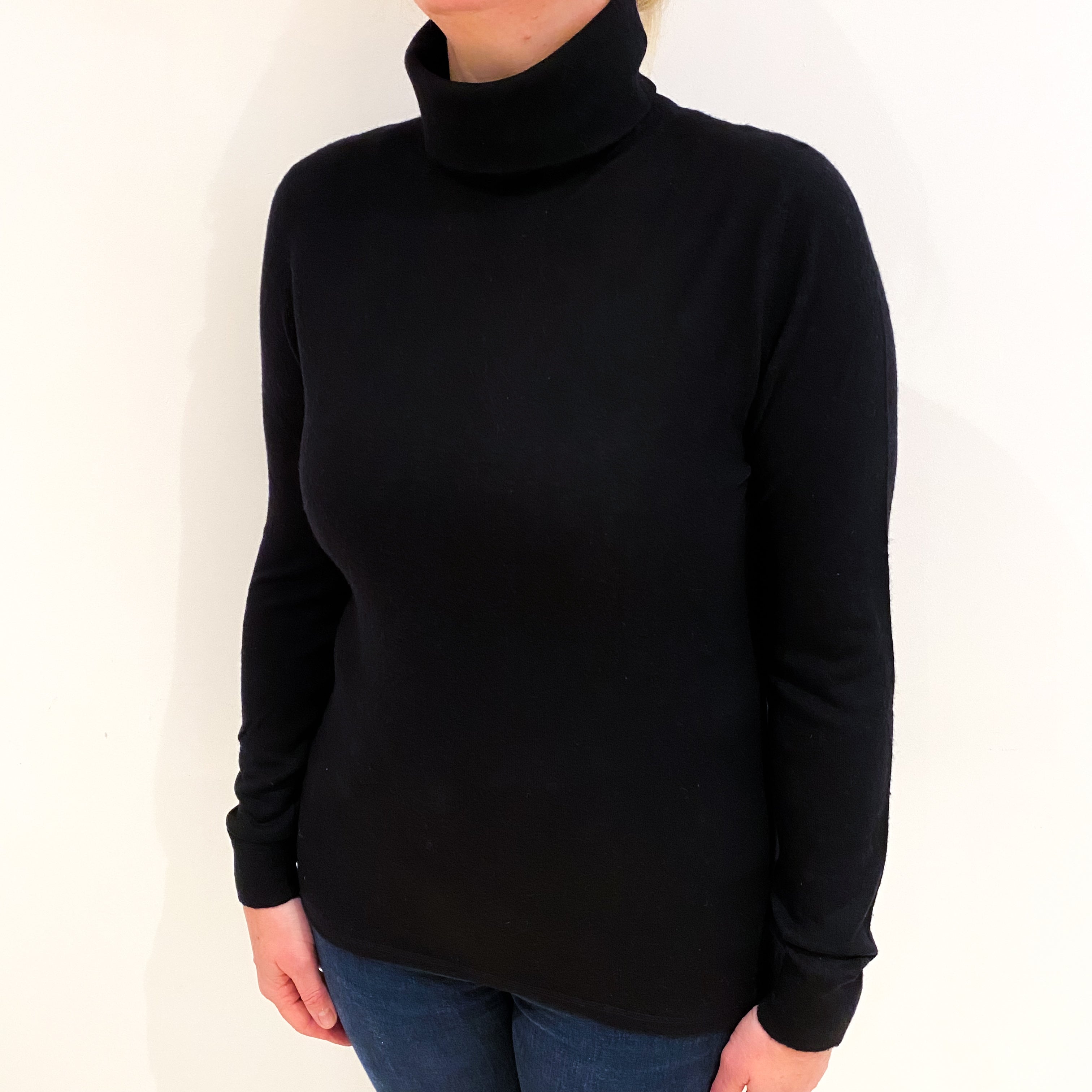 Black Fine Knit Cashmere Polo Neck Jumper Large