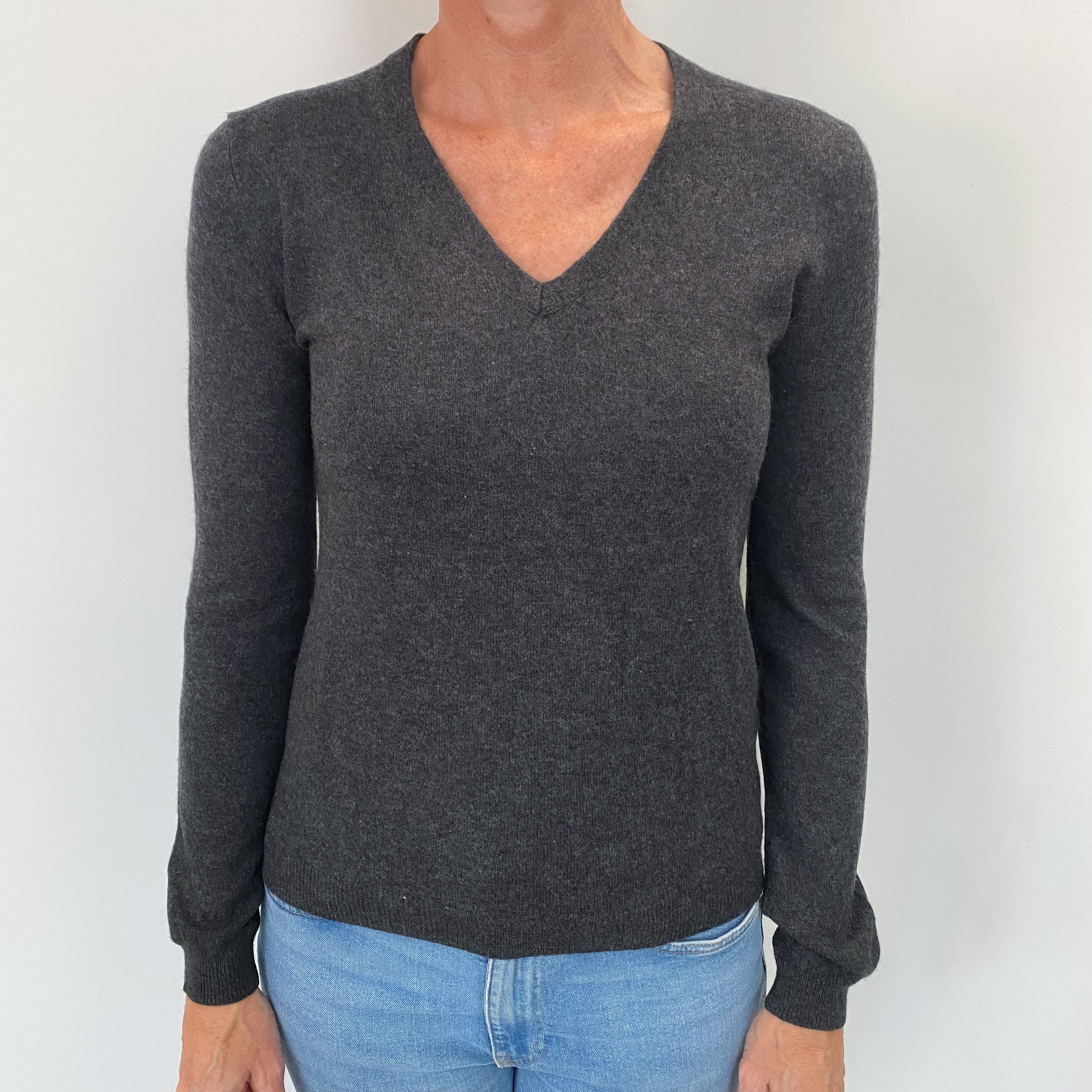 Slate Grey Cashmere V Neck Jumper Small