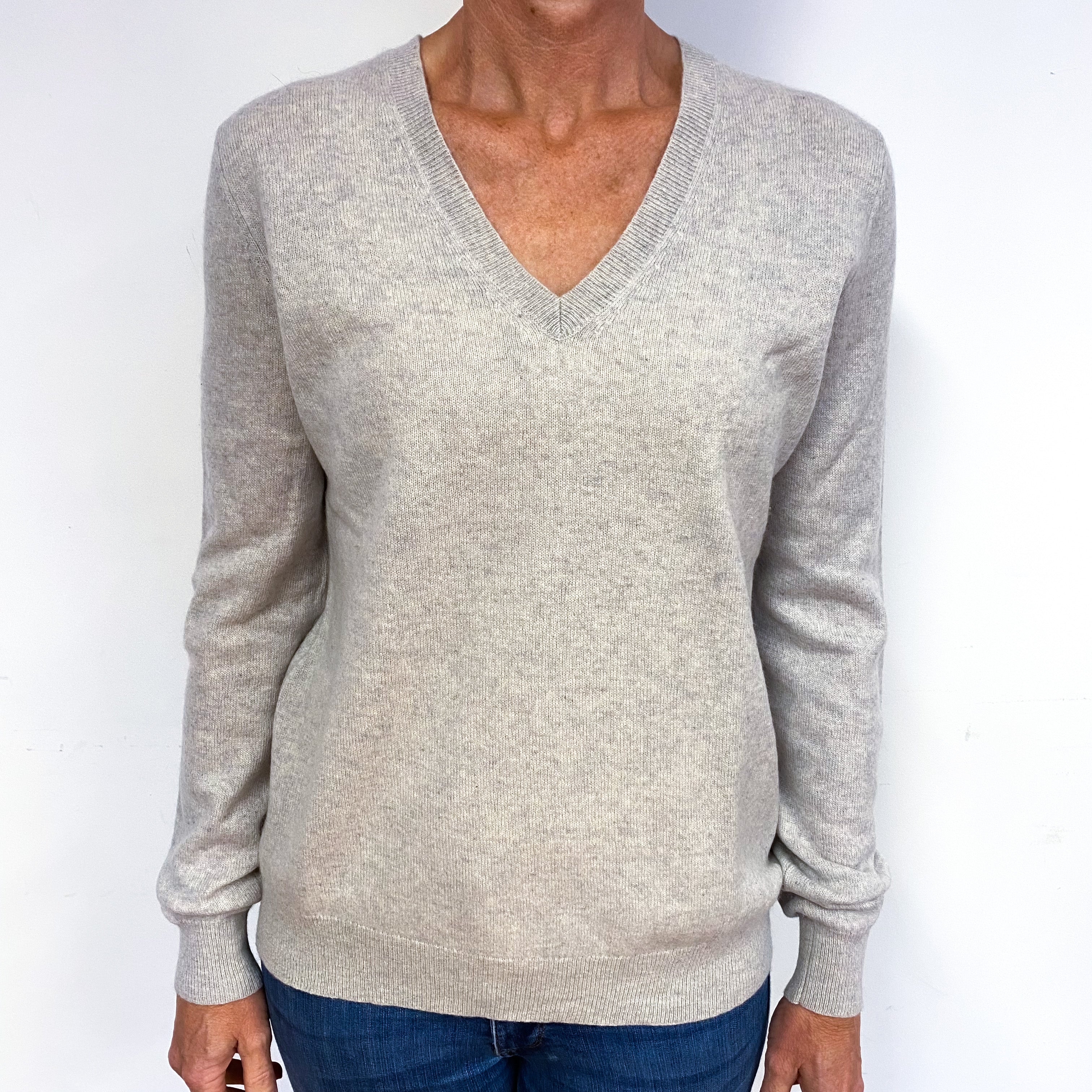 Mist Grey Cashmere V-Neck Jumper Medium