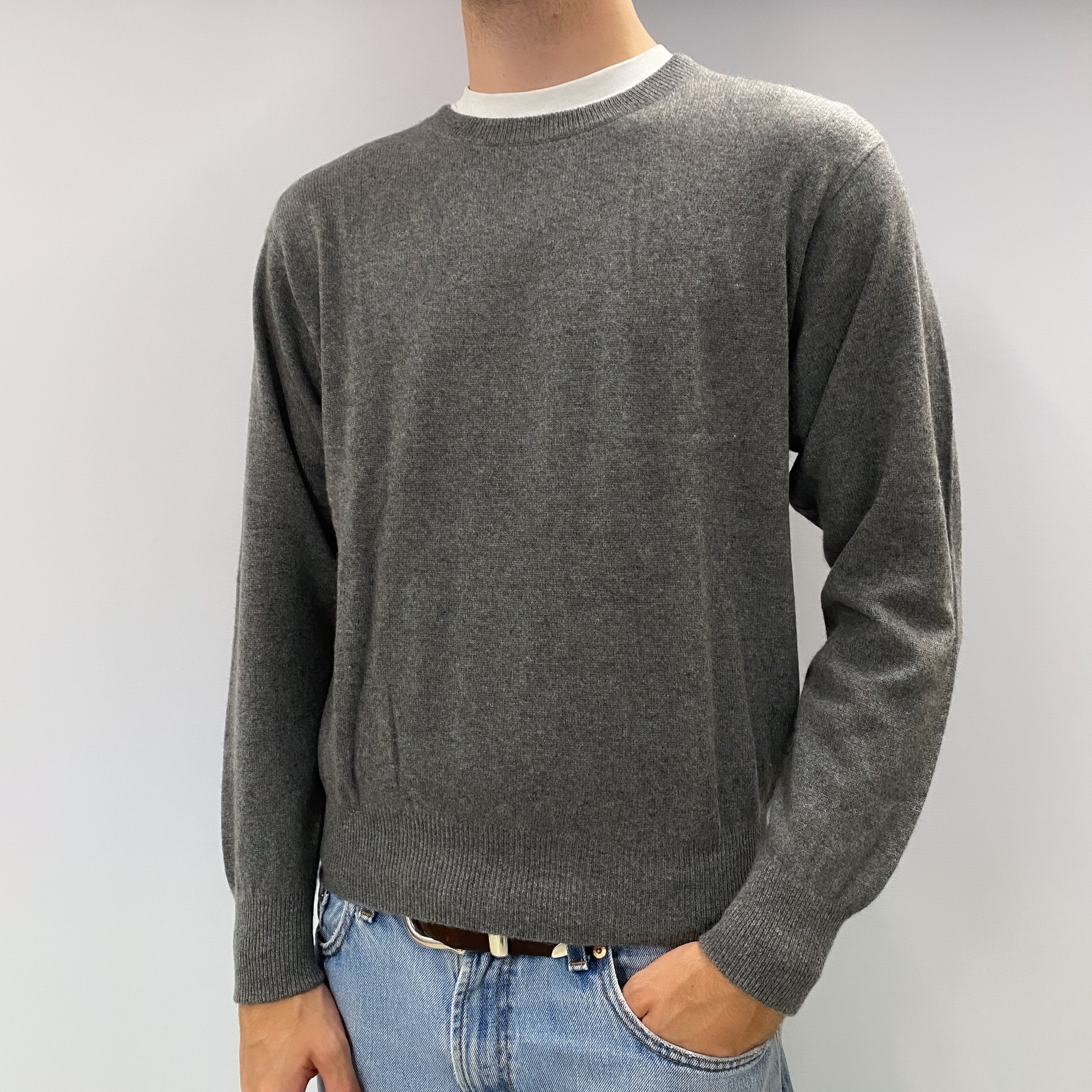 Men's Ash Grey Cashmere Crew Neck Jumper Large