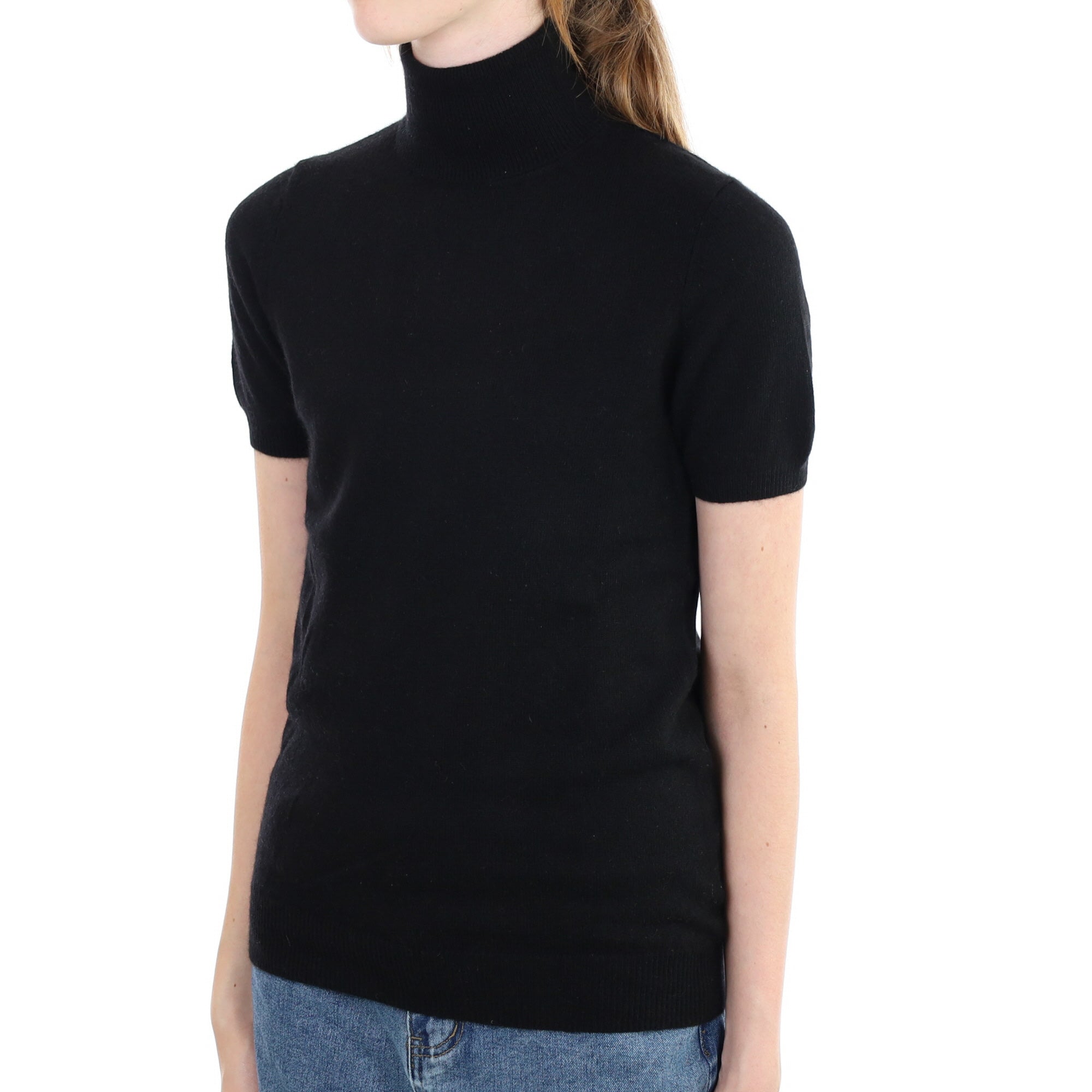 Black Cashmere Short Sleeve Polo Neck Jumper Extra Small