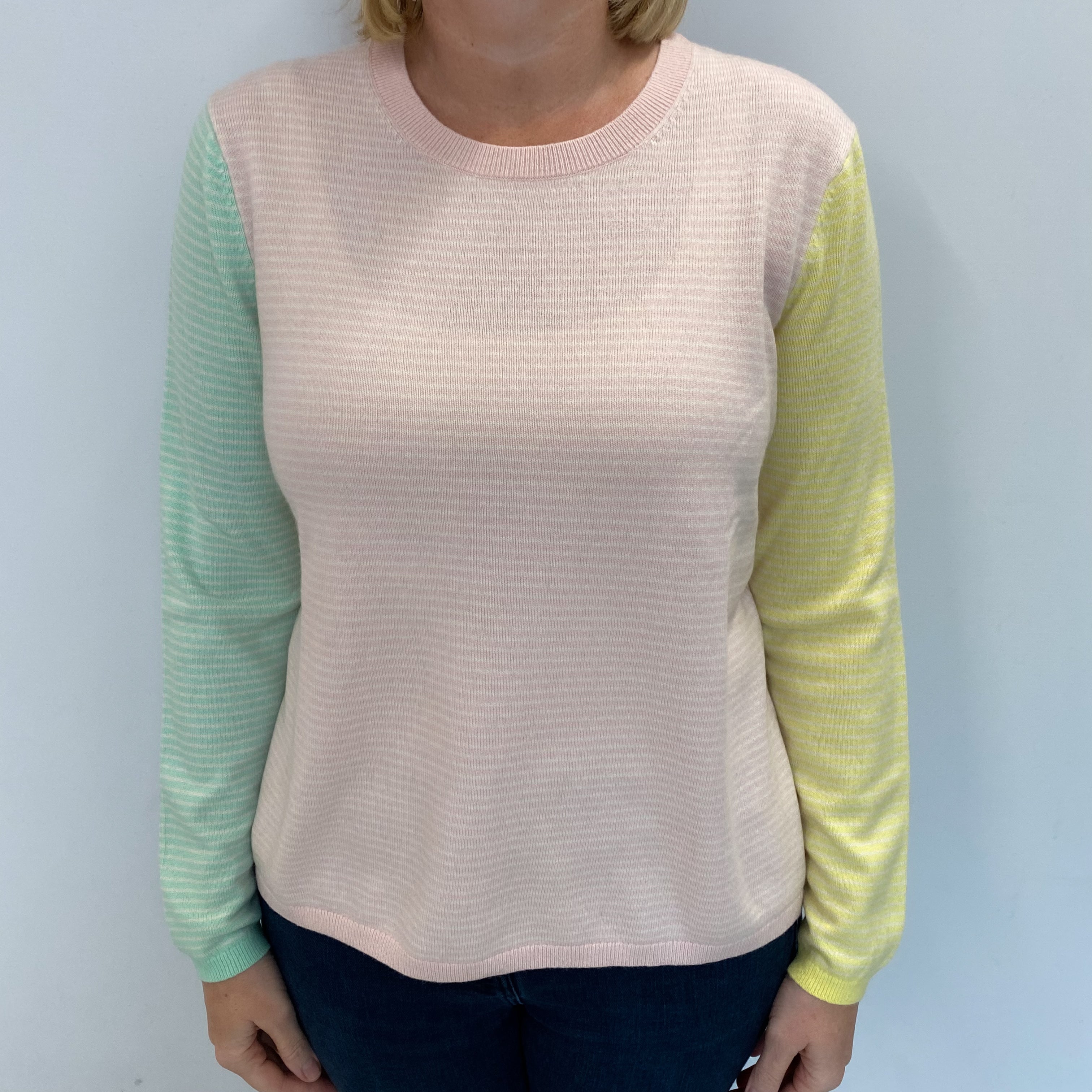 Shell Pink Striped Cashmere Crew Neck Jumper Large