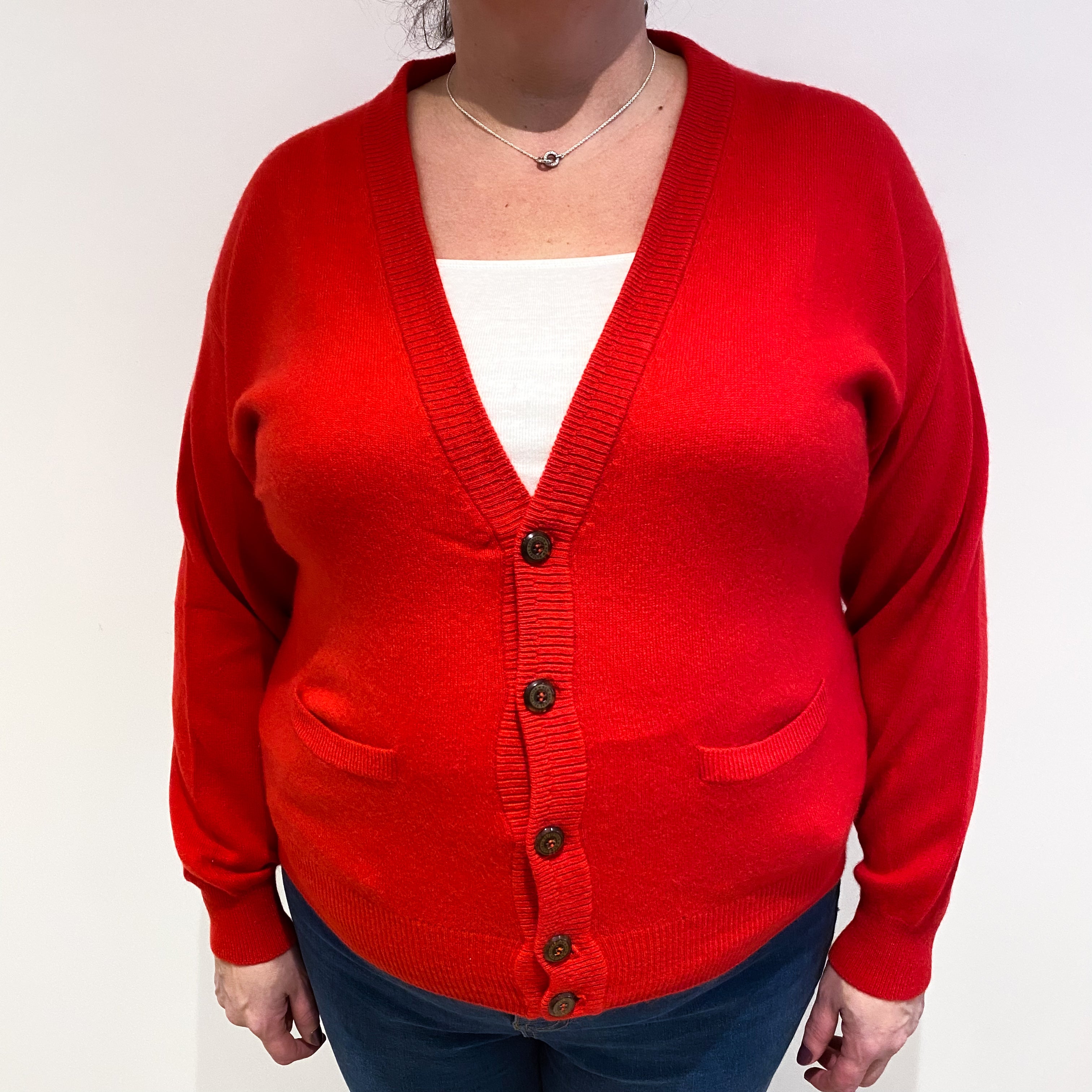 Berry Red Cashmere V Neck Cardigan with Pockets Extra Large