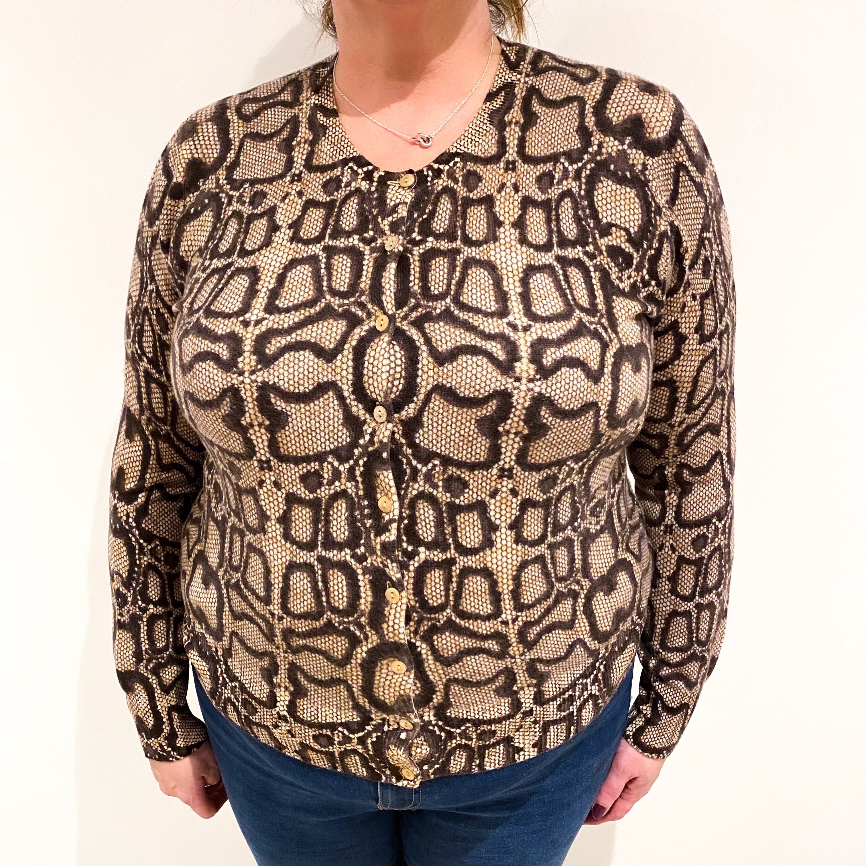 Brown Snake Print Cashmere Crew Neck Cardigan Extra Large