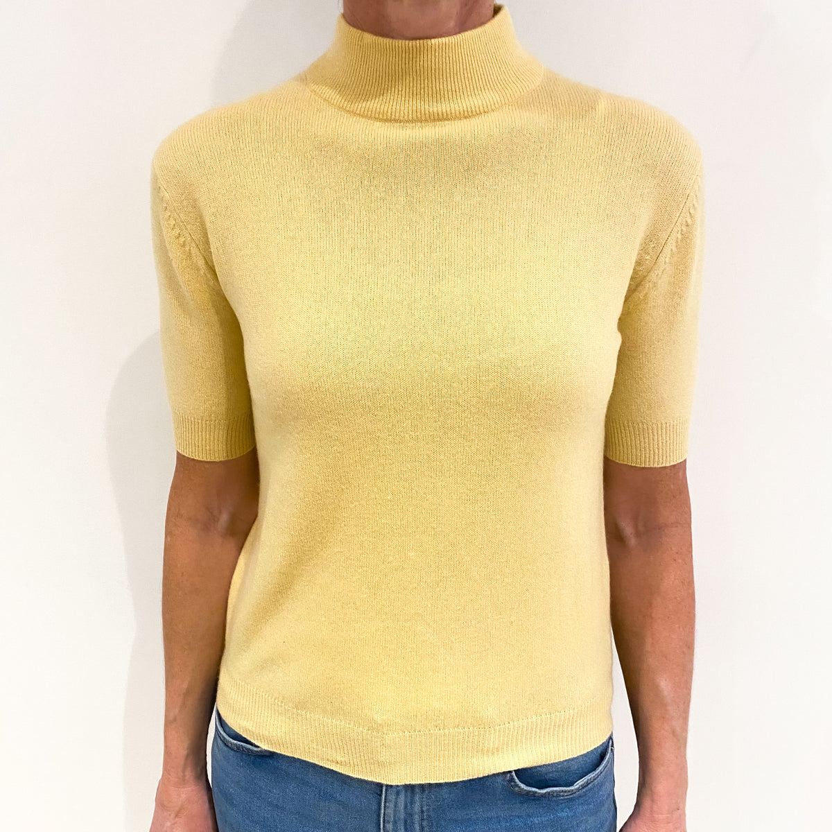 Custard Yellow Cashmere Short Sleeve Turtle Neck Jumper Small