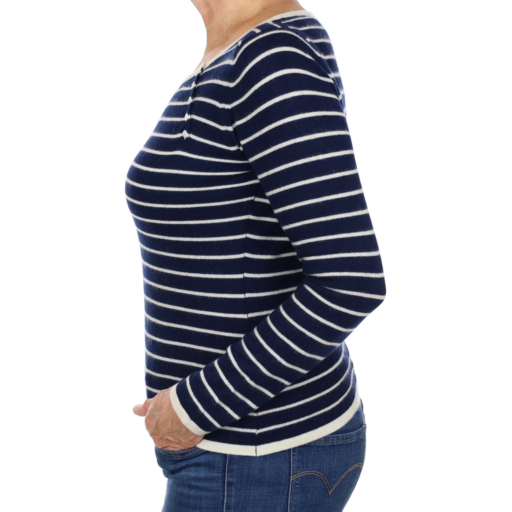 Navy and Cream Striped Cashmere Crew Neck Jumper Medium