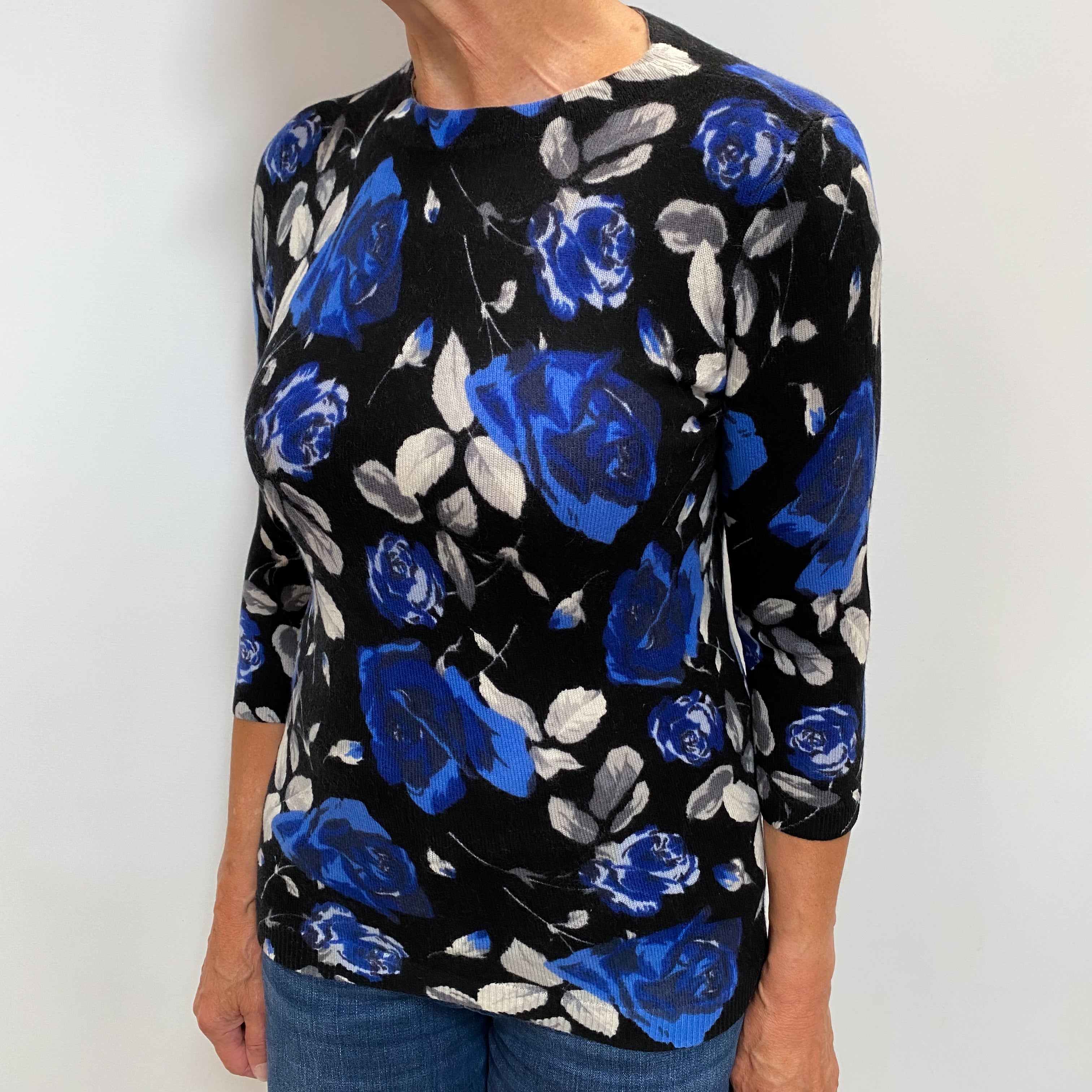 Black Floral Cashmere Crew Neck Jumper Medium