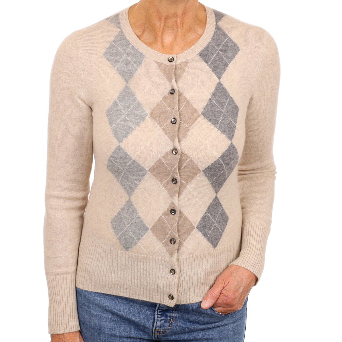 Oatmeal Beige Argyle Cashmere Crew Neck Cardigan Medium