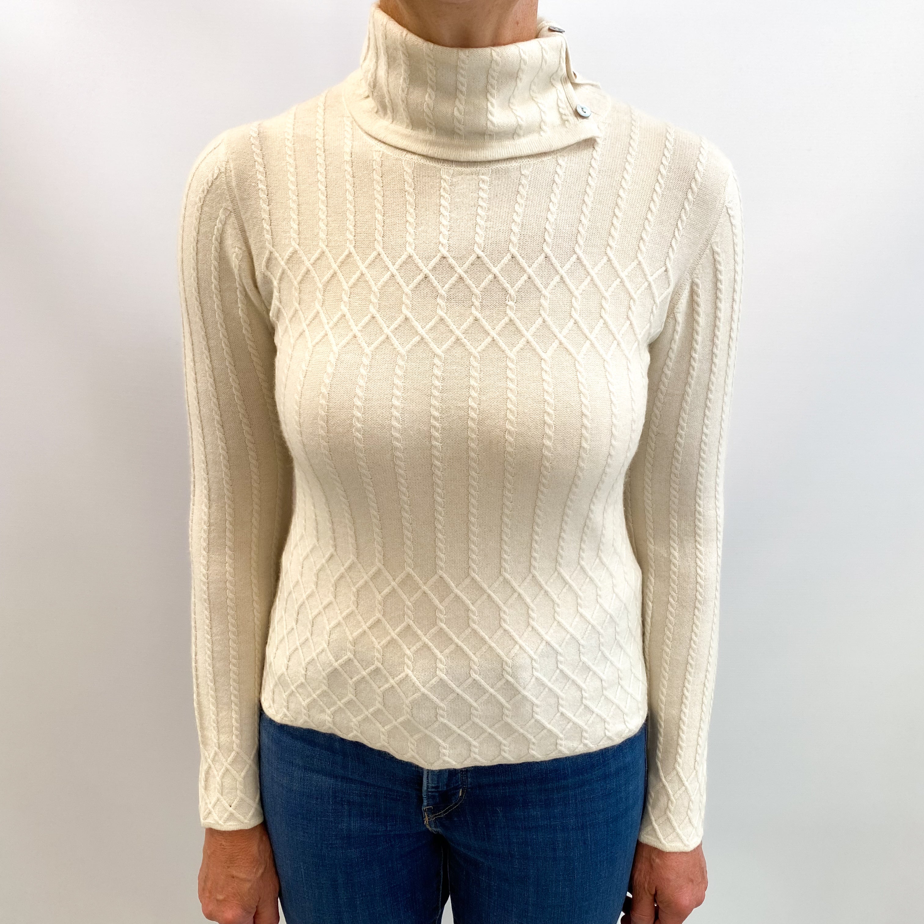 Vanilla Cream Cashmere Buttoned Polo Neck Jumper Medium