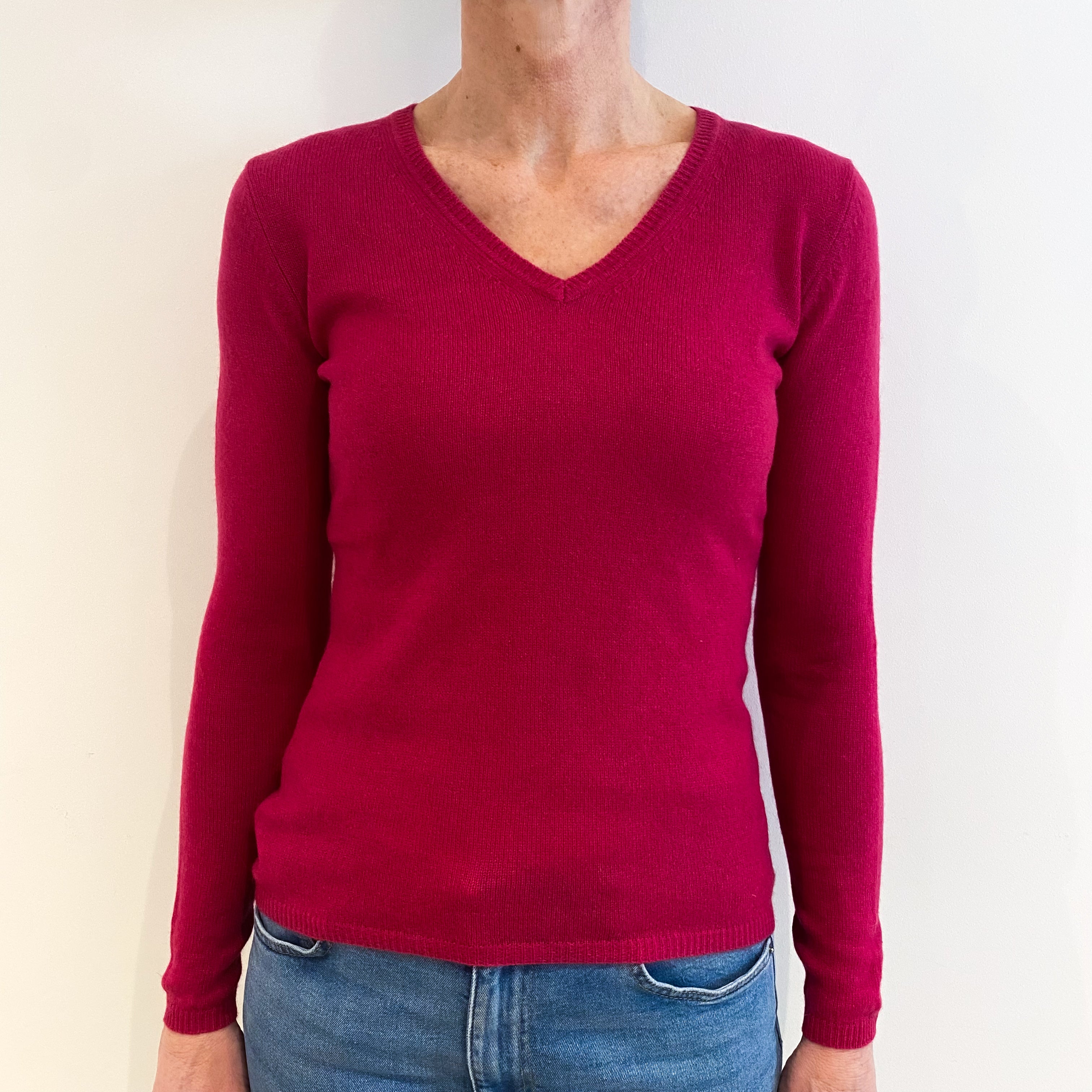 New Cherry Pink Cashmere V Neck Jumper Small