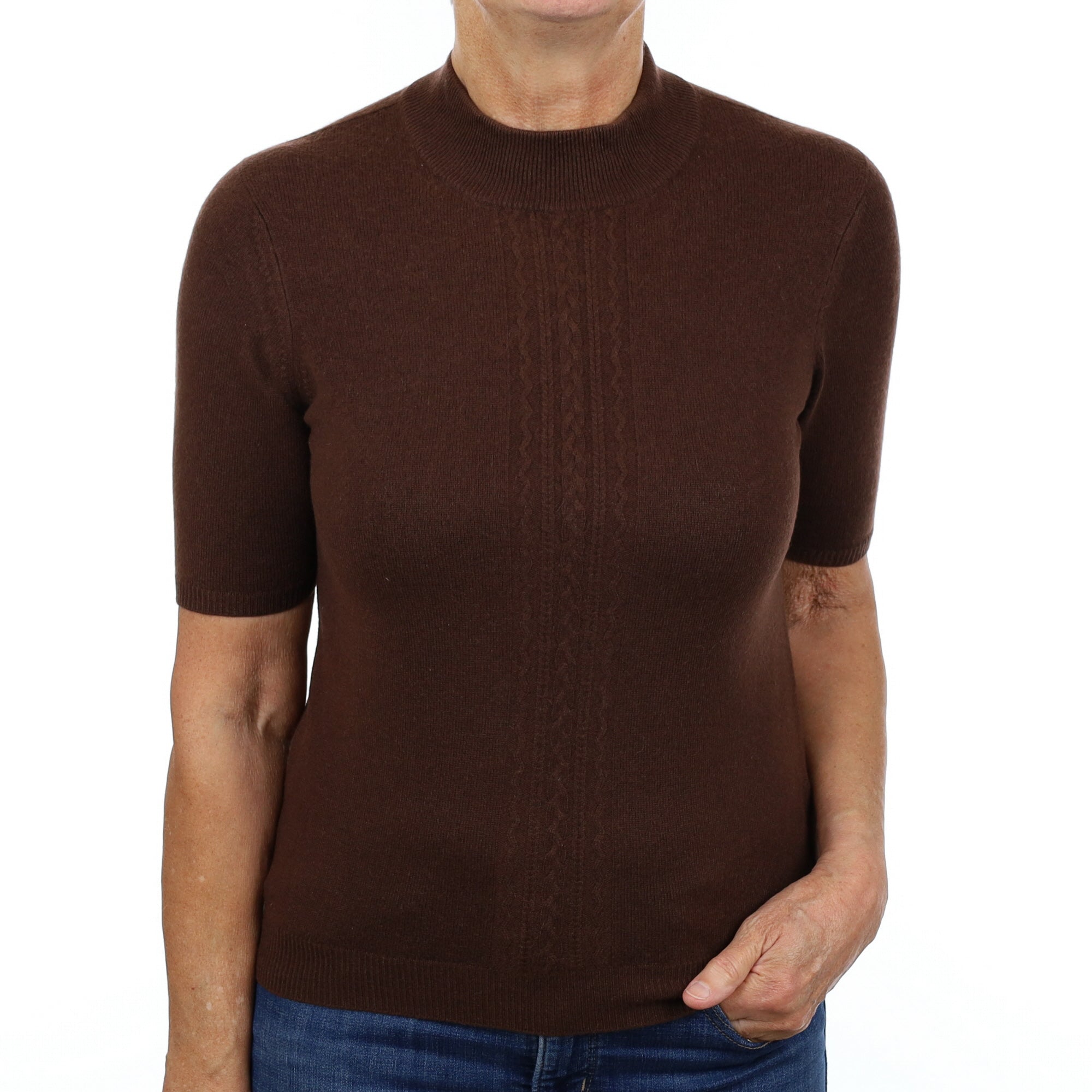 Chocolate Brown Cashmere Turtle Neck Short Sleeve Jumper Medium