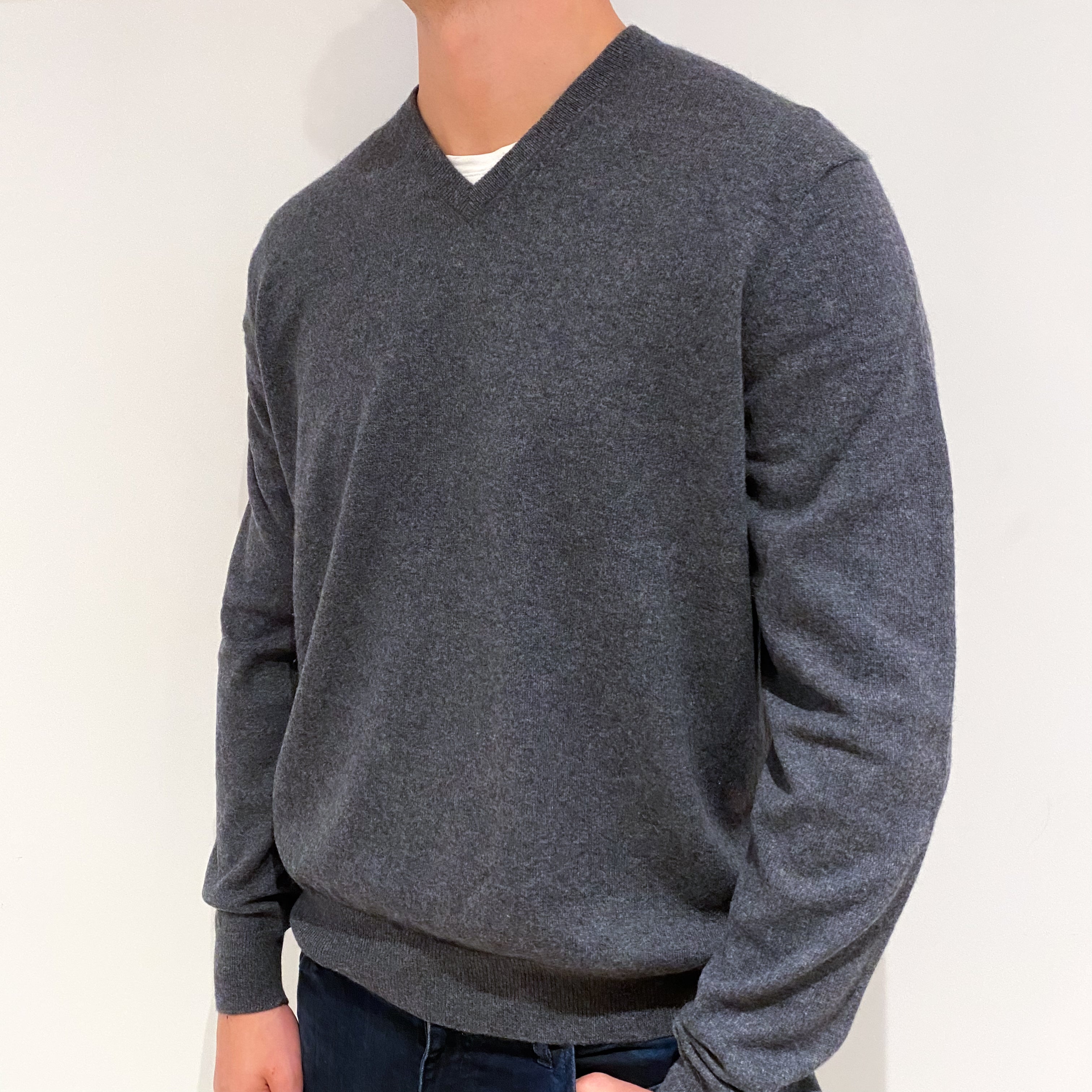 Men's Slate Grey Cashmere V-Neck Jumper Extra Extra Large