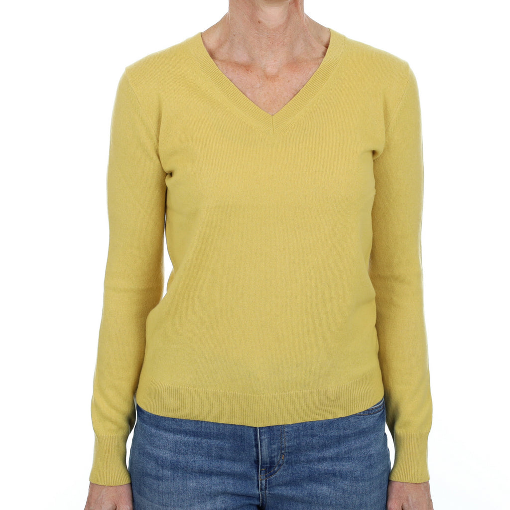 Flaxen Yellow Cashmere V Neck Jumper Small
