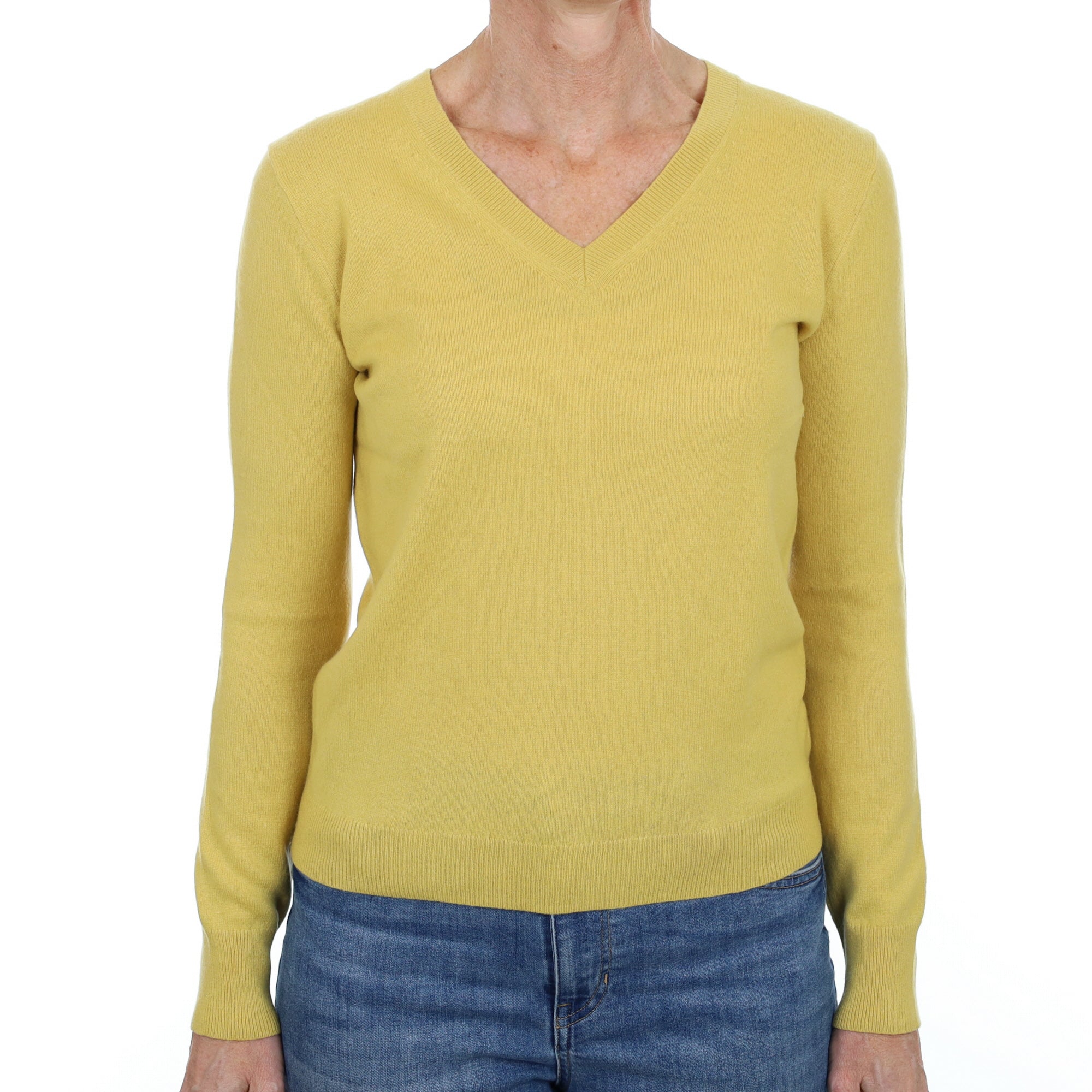 Flaxen Yellow Cashmere V Neck Jumper Small