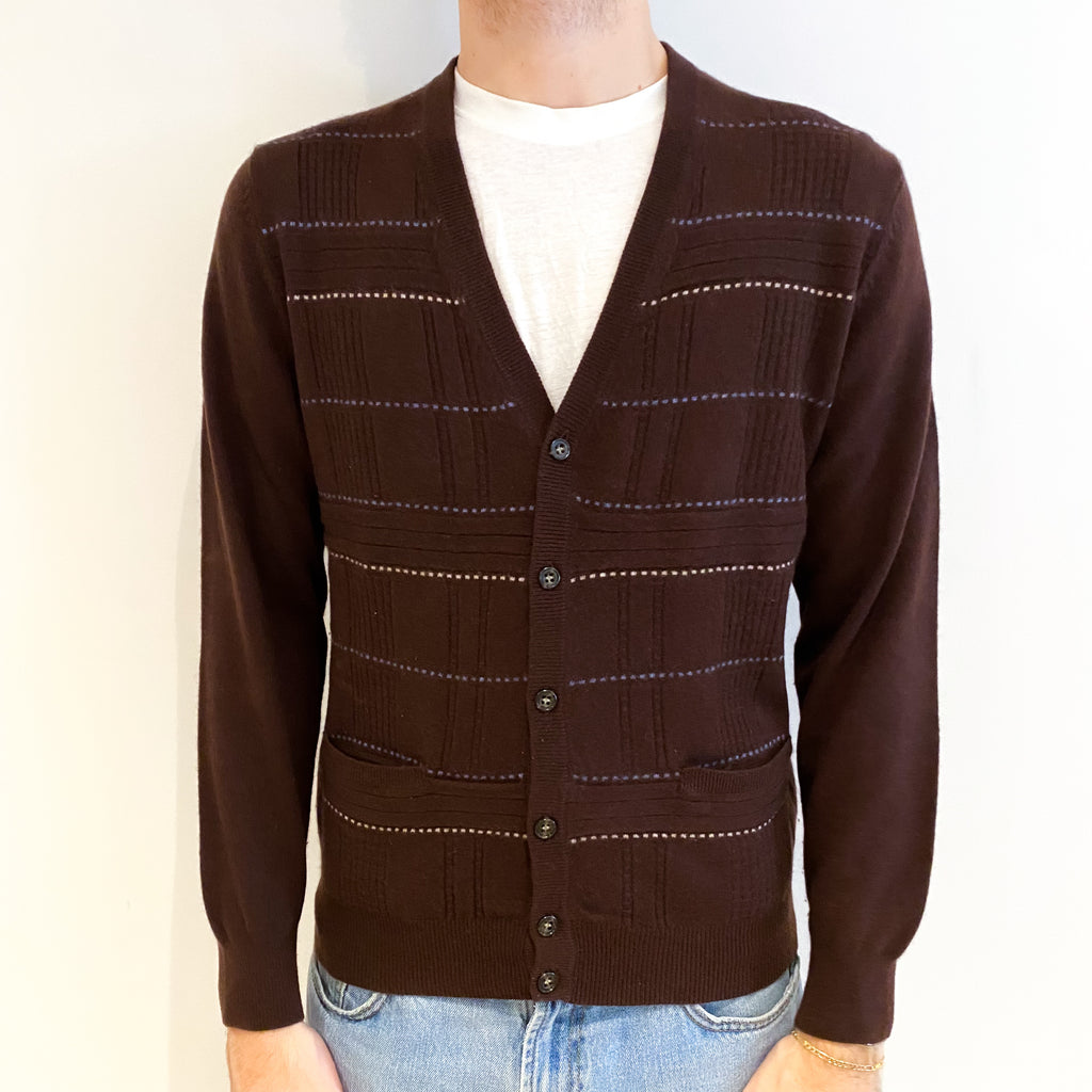 Men's Chocolate Brown Patterned Cashmere V Neck Cardigan Medium