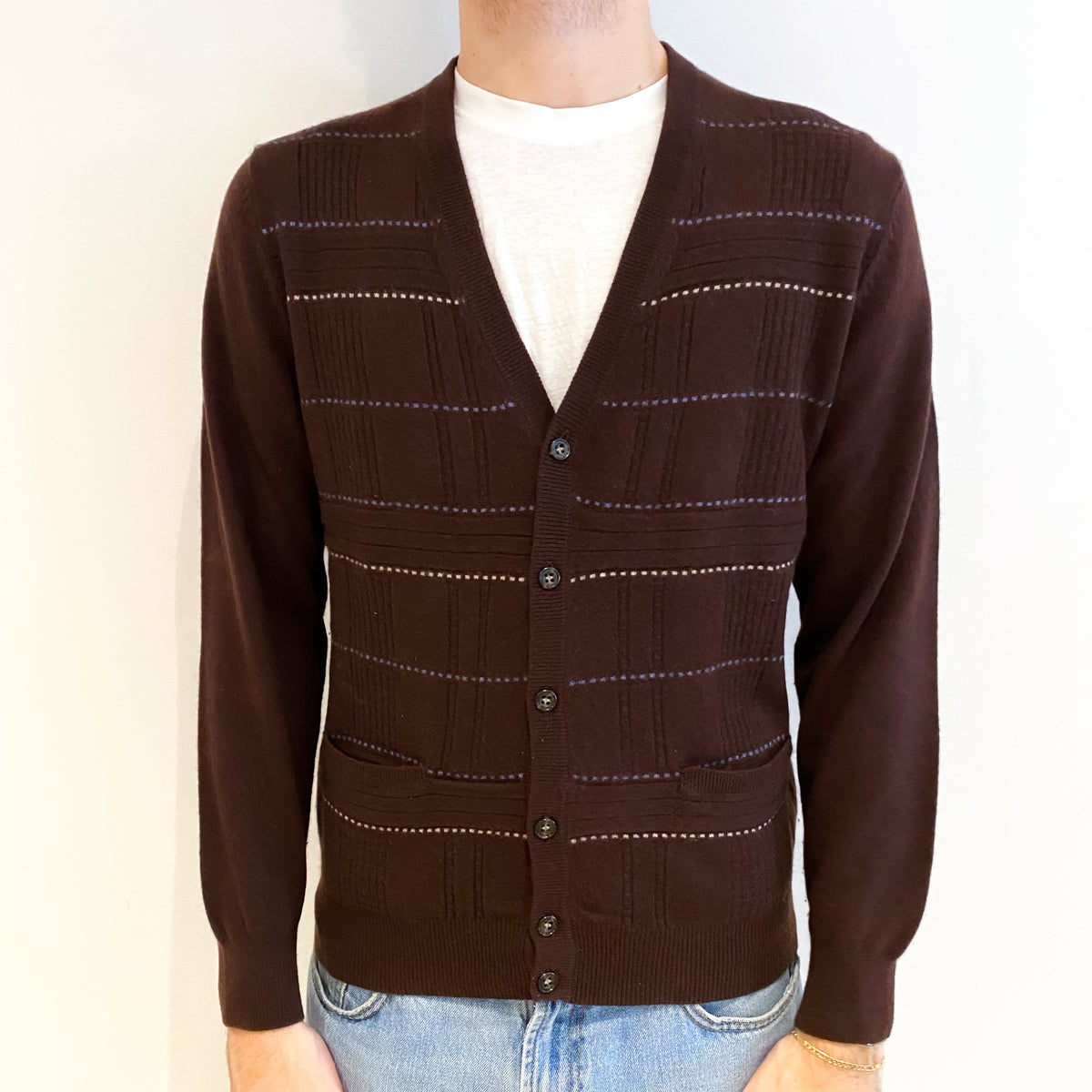 Men's Chocolate Brown Patterned Cashmere V Neck Cardigan Medium