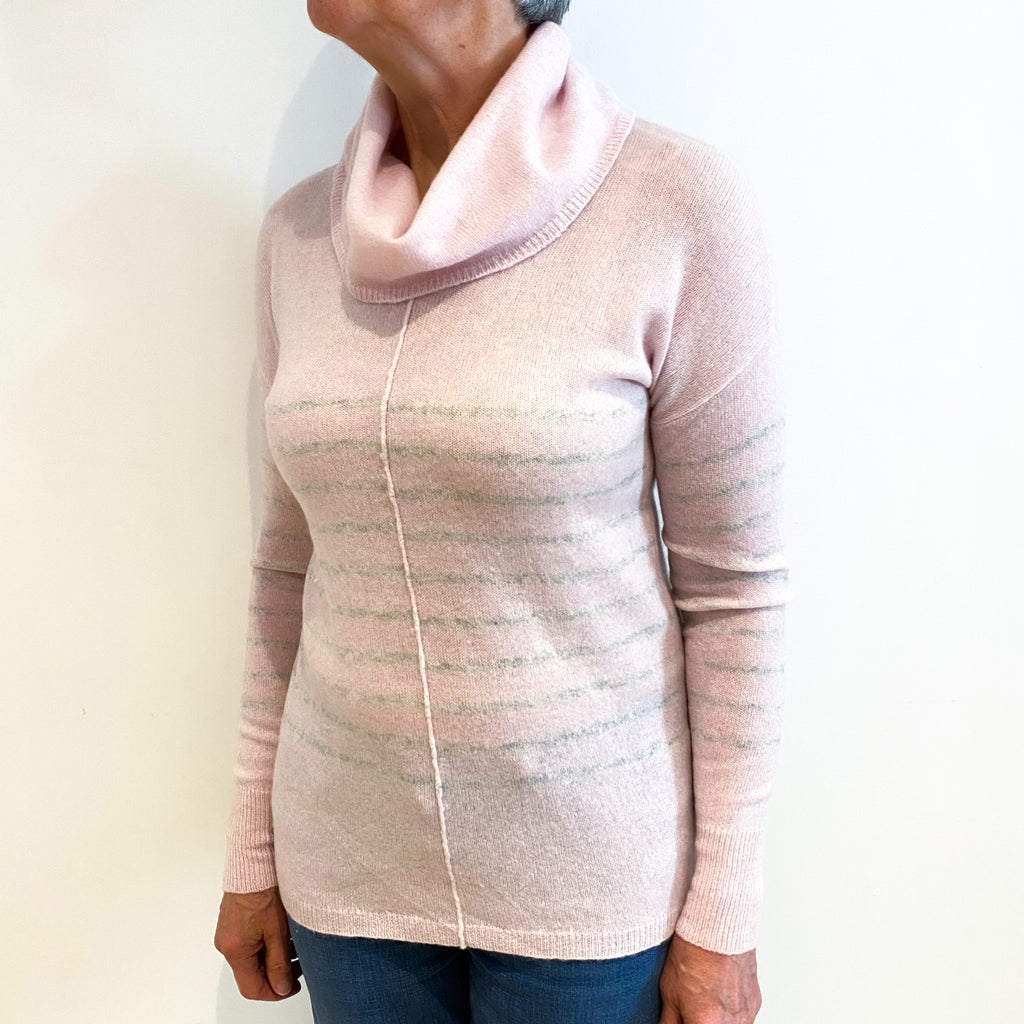 Ice Pink And Grey Stripe Cashmere Cowl Neck Jumper Medium