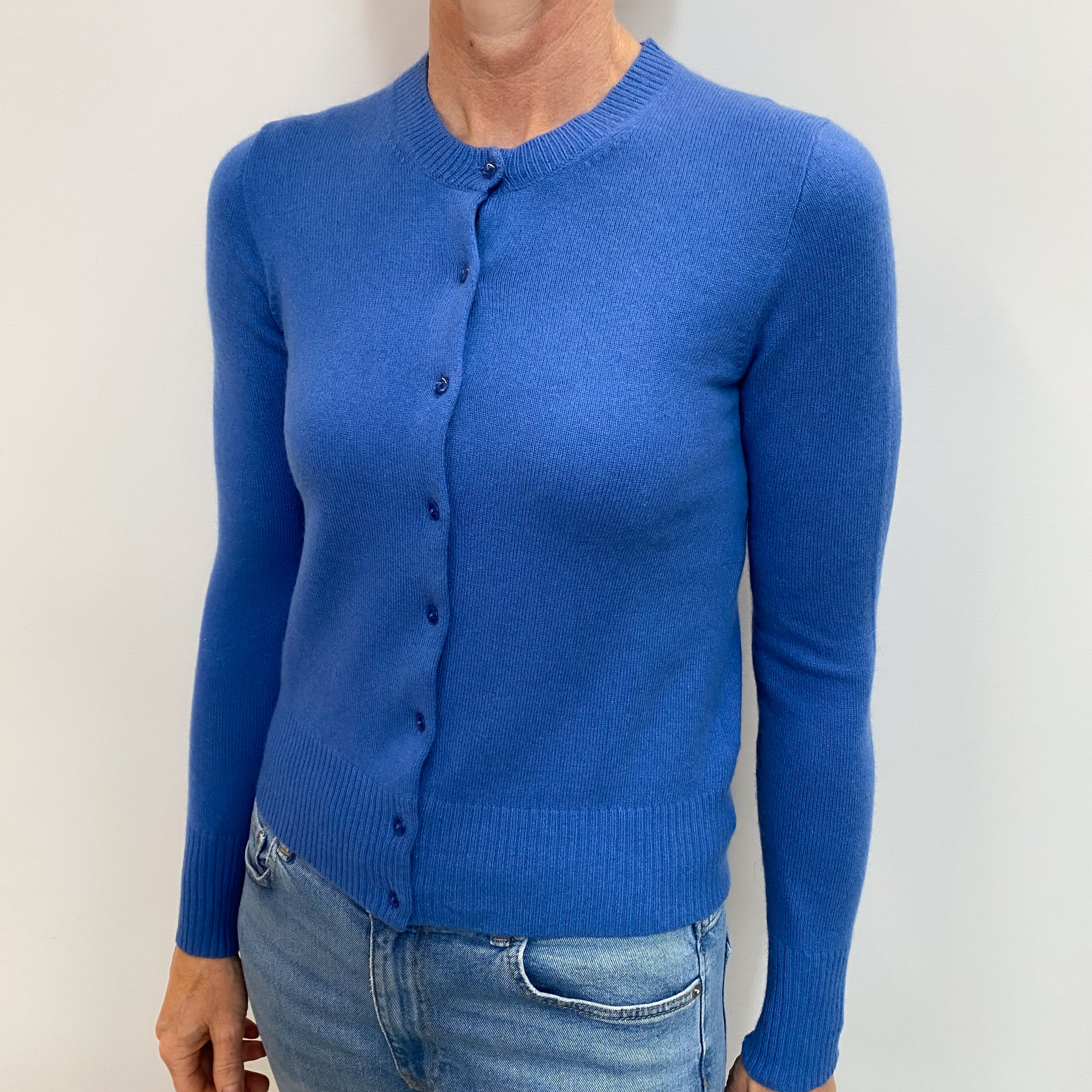 Tanzanite Blue Cashmere Crew Neck Cardigan Small