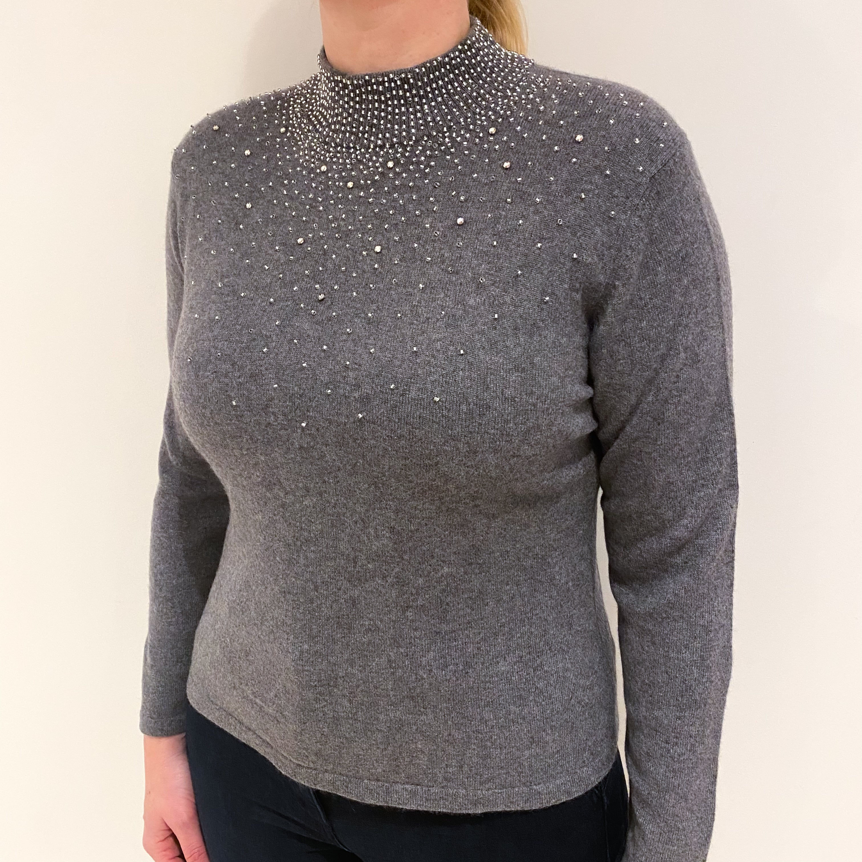 Ash Grey Embellished Cashmere Turtle Neck Jumper Large