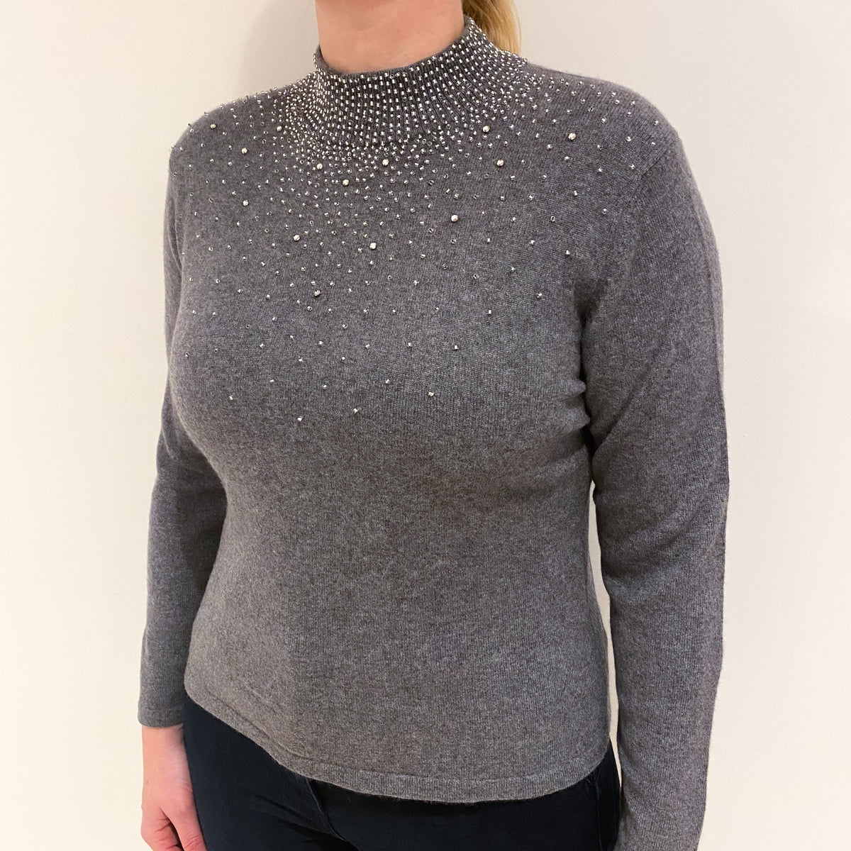 Ash Grey Embellished Cashmere Turtle Neck Jumper Large
