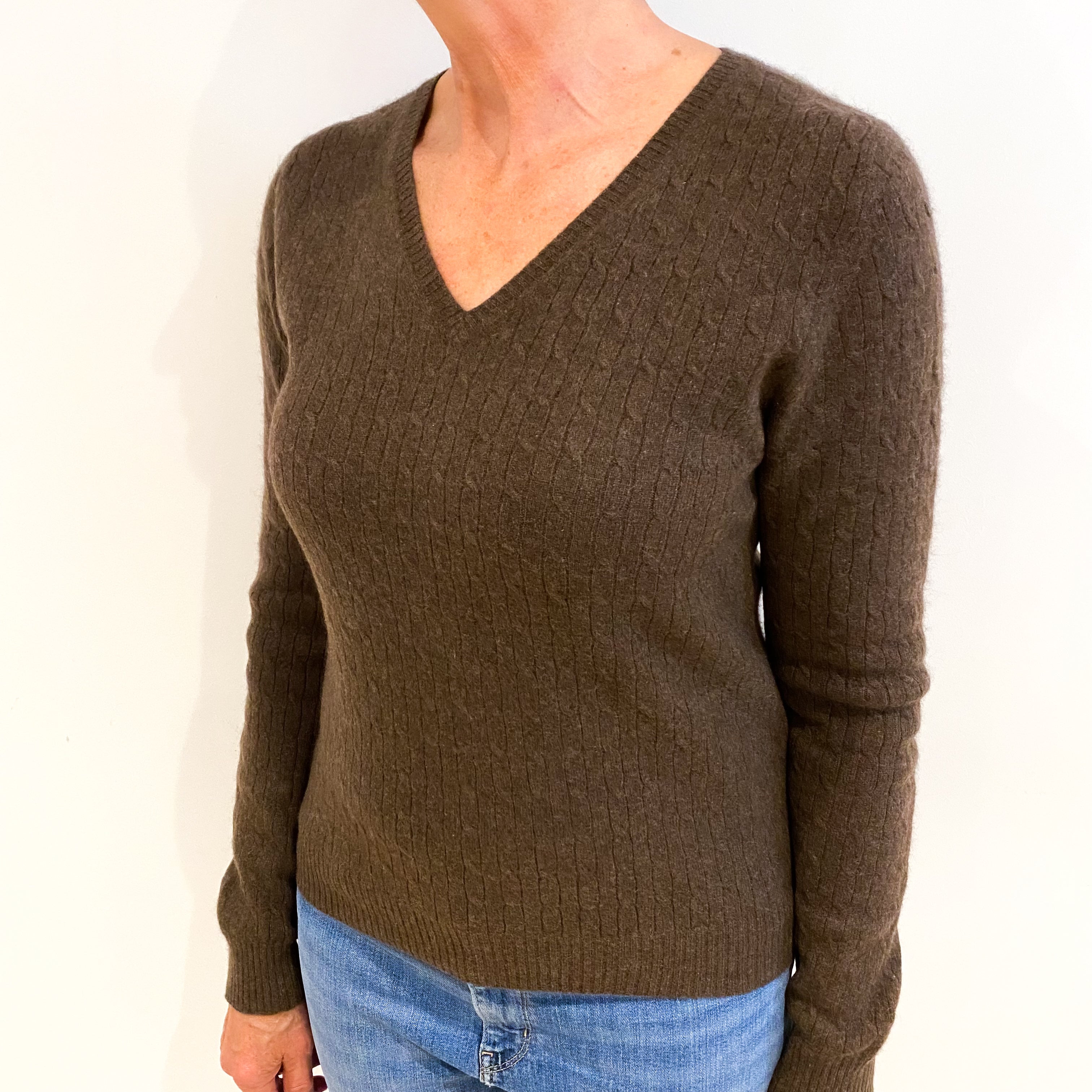 Chocolate Brown Cashmere V Neck Jumper Medium