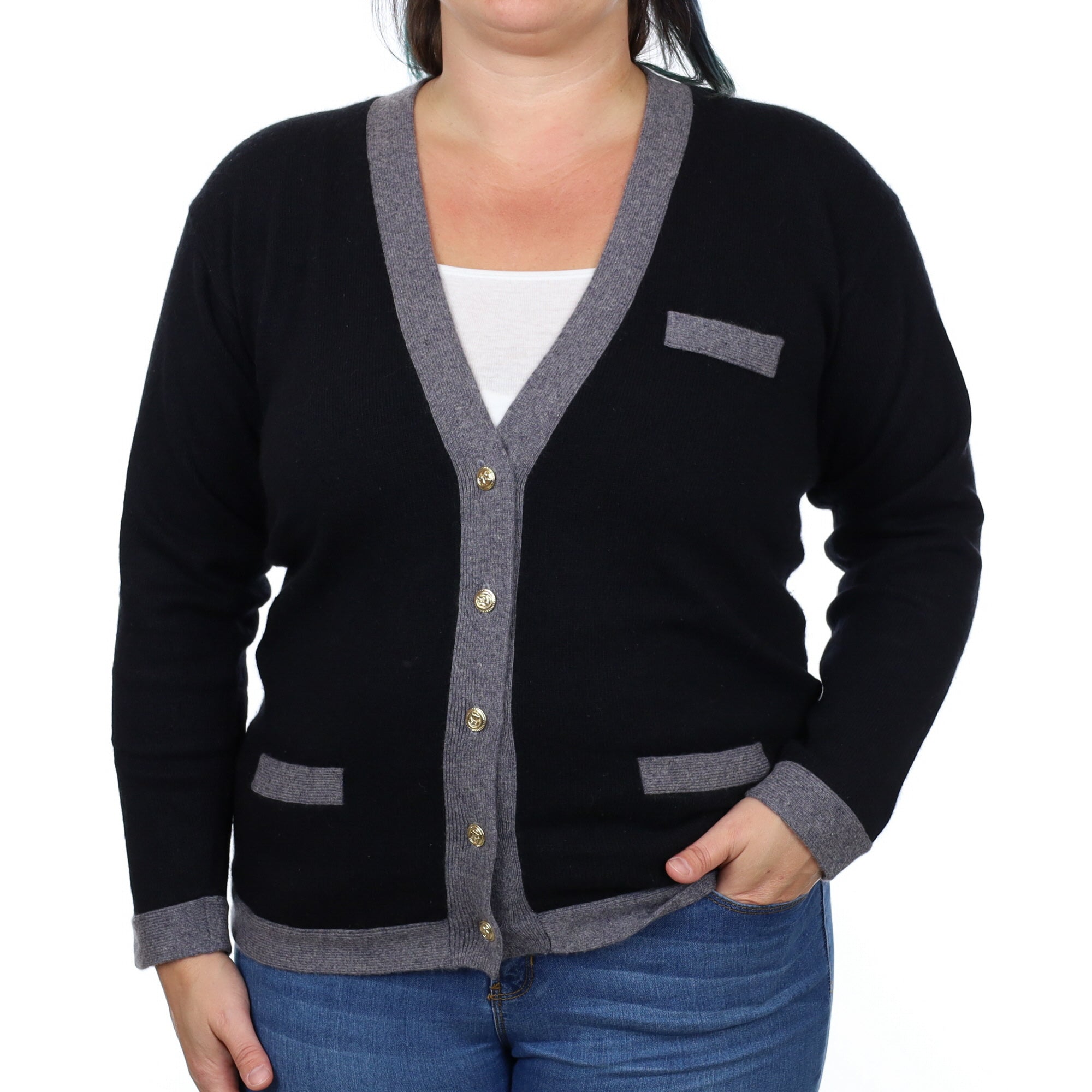 Black Cashmere V Neck Cardigan Large