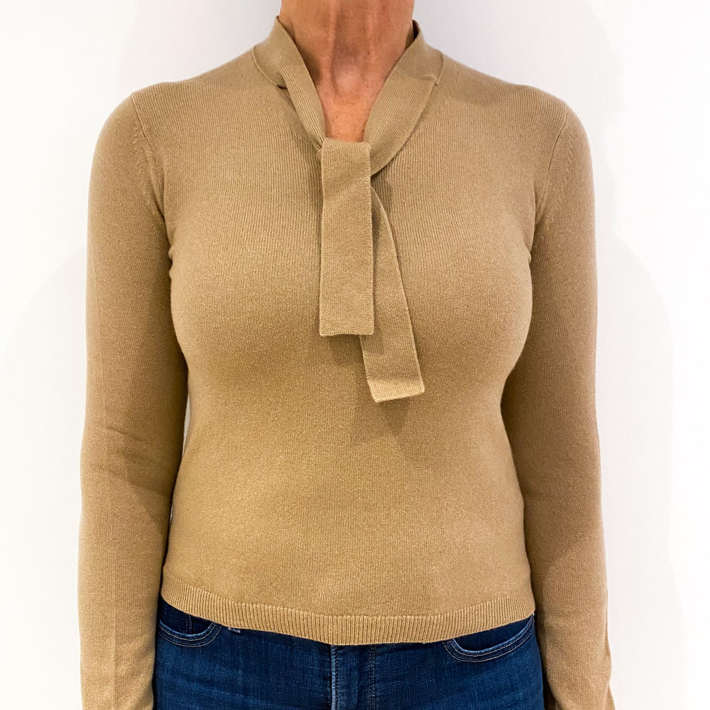 Camel Brown Cashmere Tie Neck V-Neck Jumper Medium