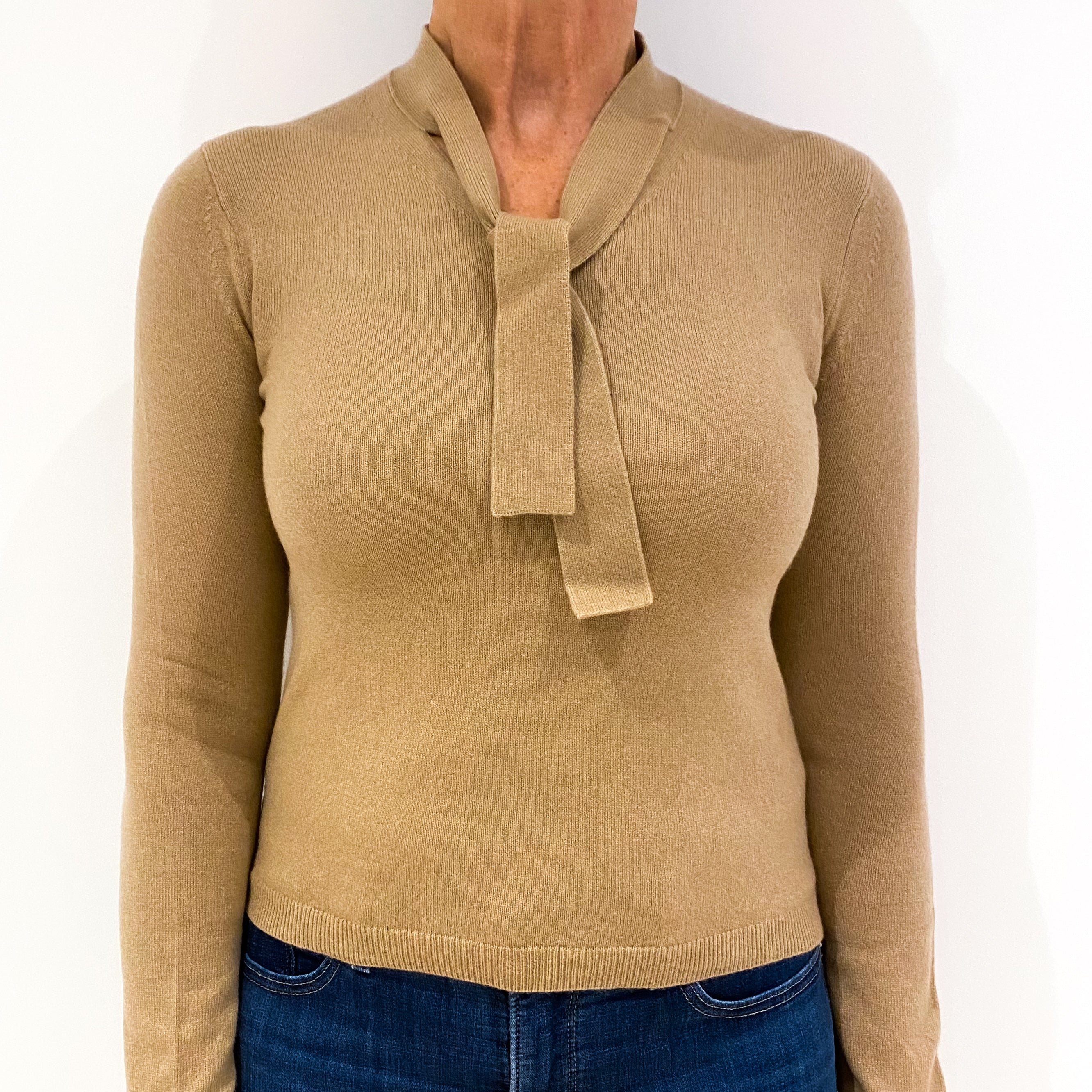 Camel Brown Cashmere Tie Neck V-Neck Jumper Medium