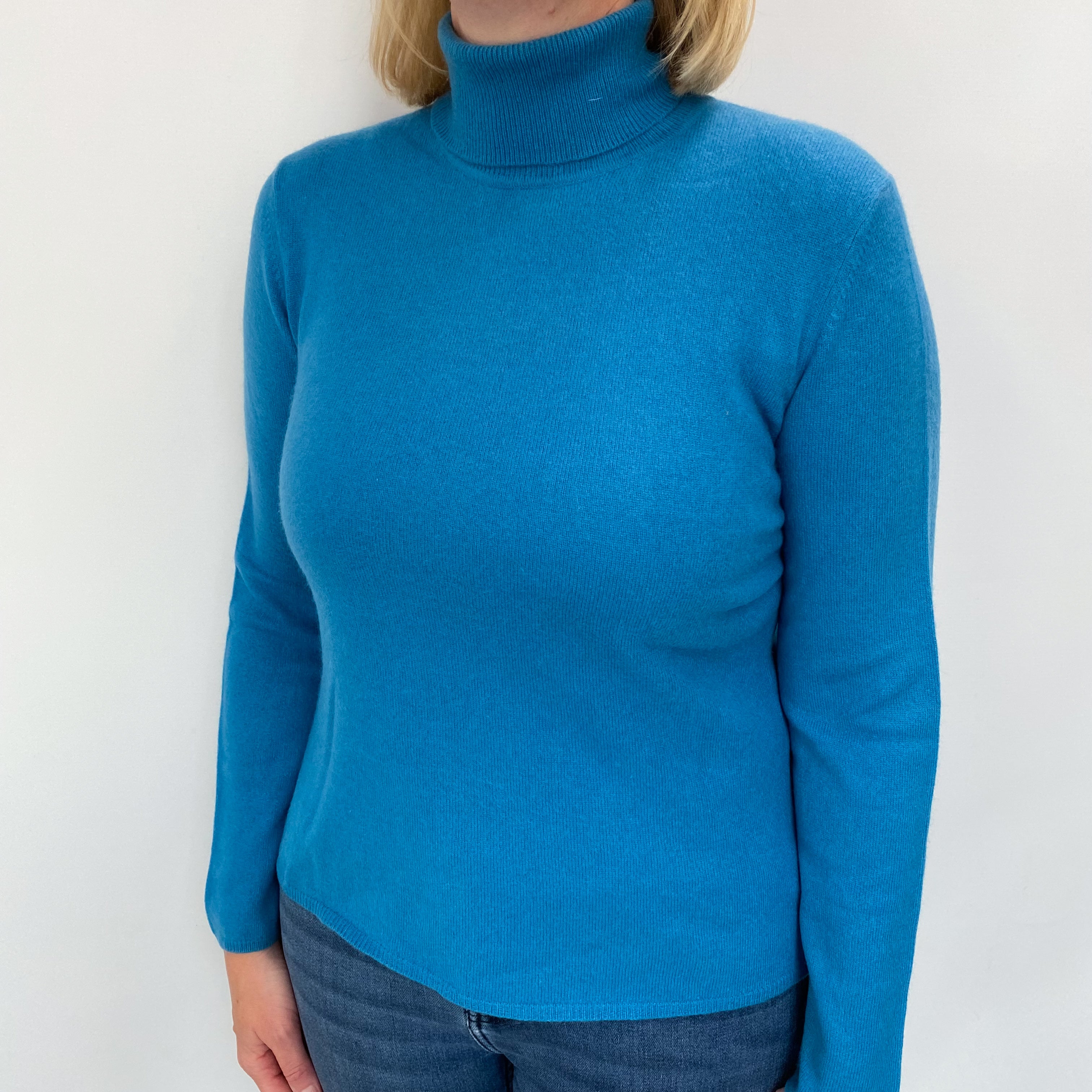 Ocean Blue Cashmere Polo Neck Jumper Large