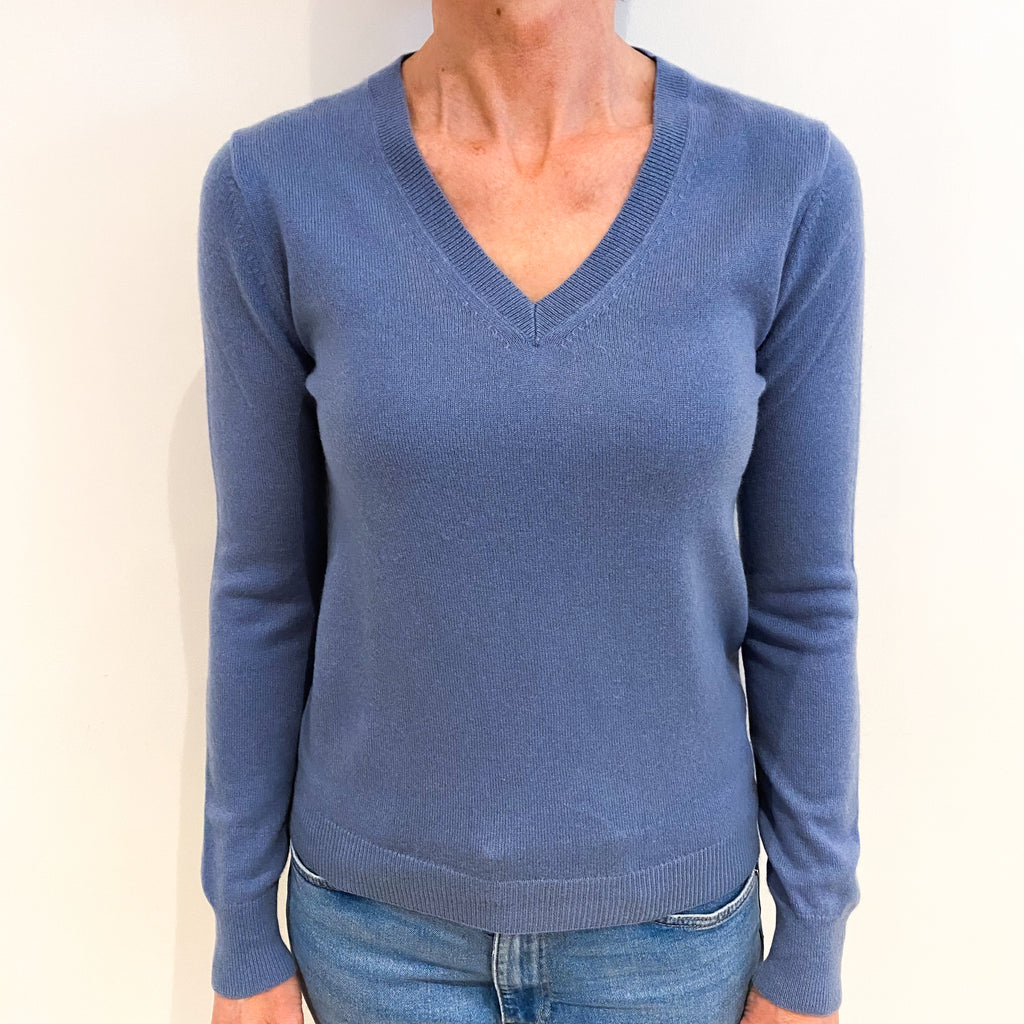 Dusky Blue Cashmere V Neck Jumper Small