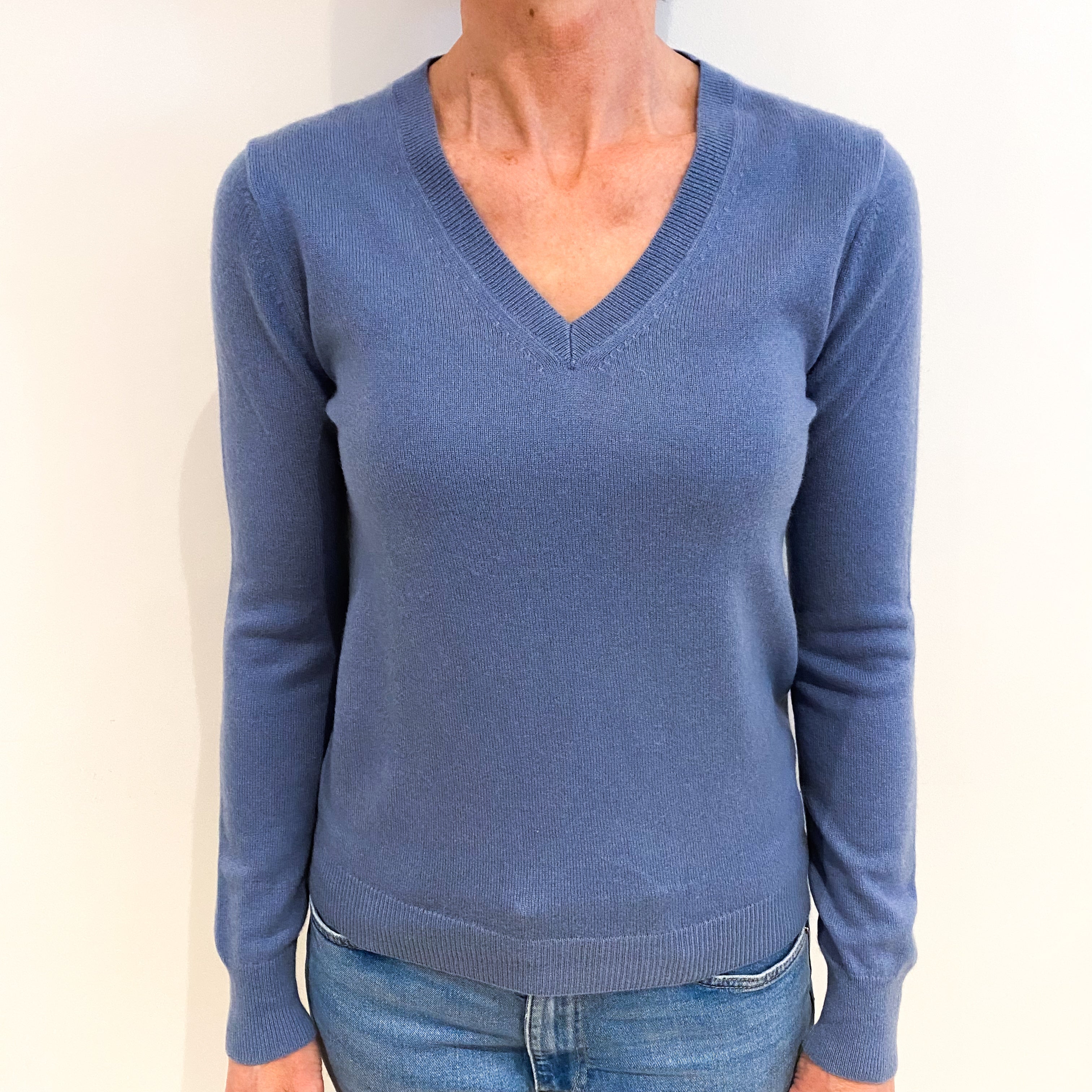 Dusky Blue Cashmere V Neck Jumper Small
