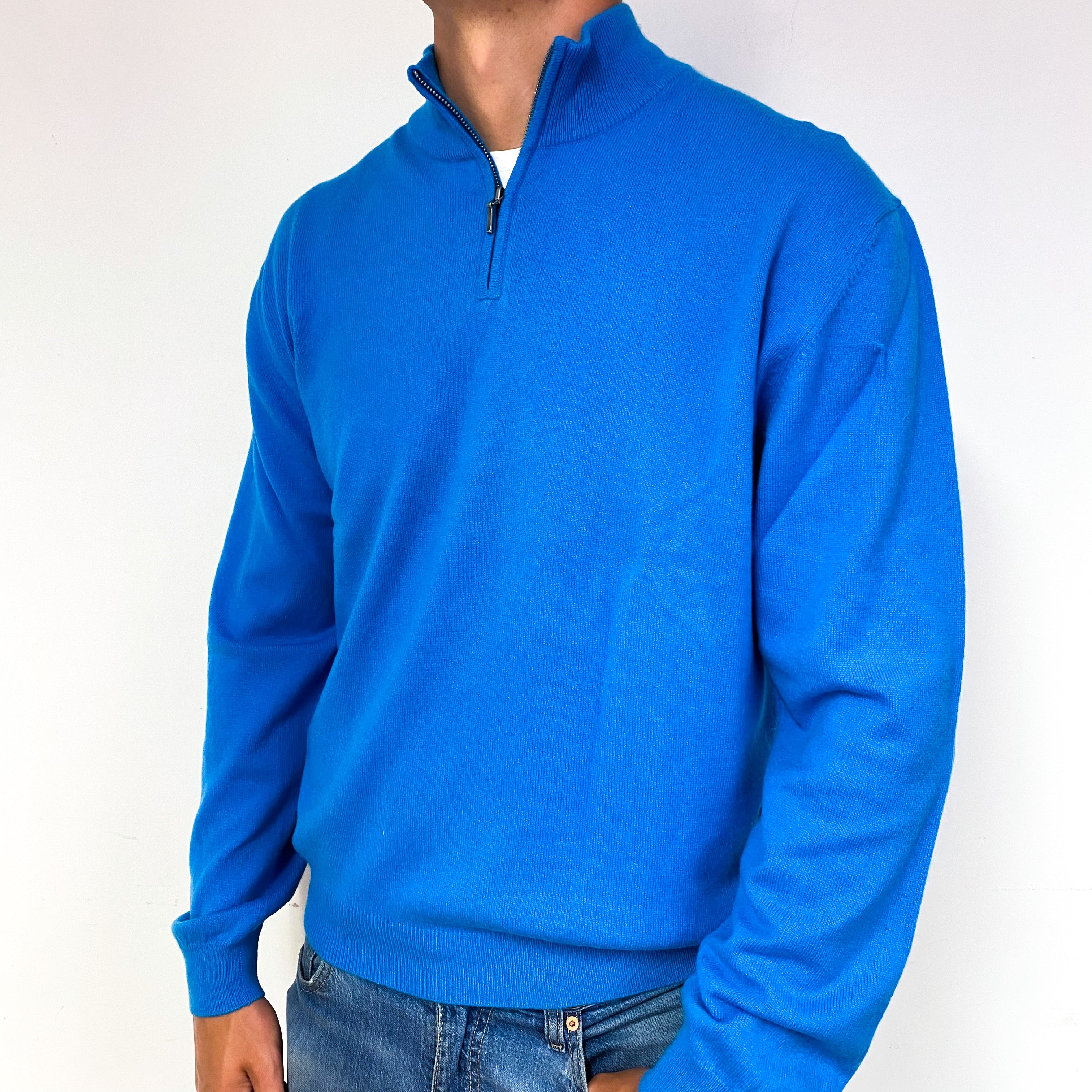 Men's Turquoise Blue Cashmere 1/4 Zip Jumper Extra Extra Large