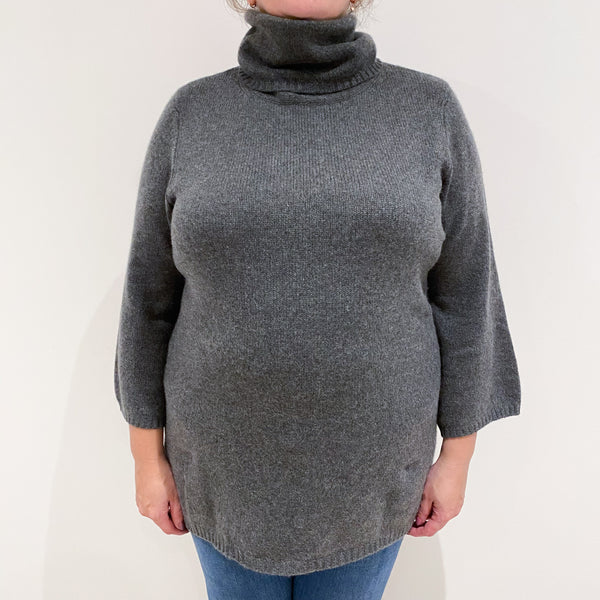 Slate Grey 3/4 Sleeved Cashmere Polo Neck Jumper Extra Large