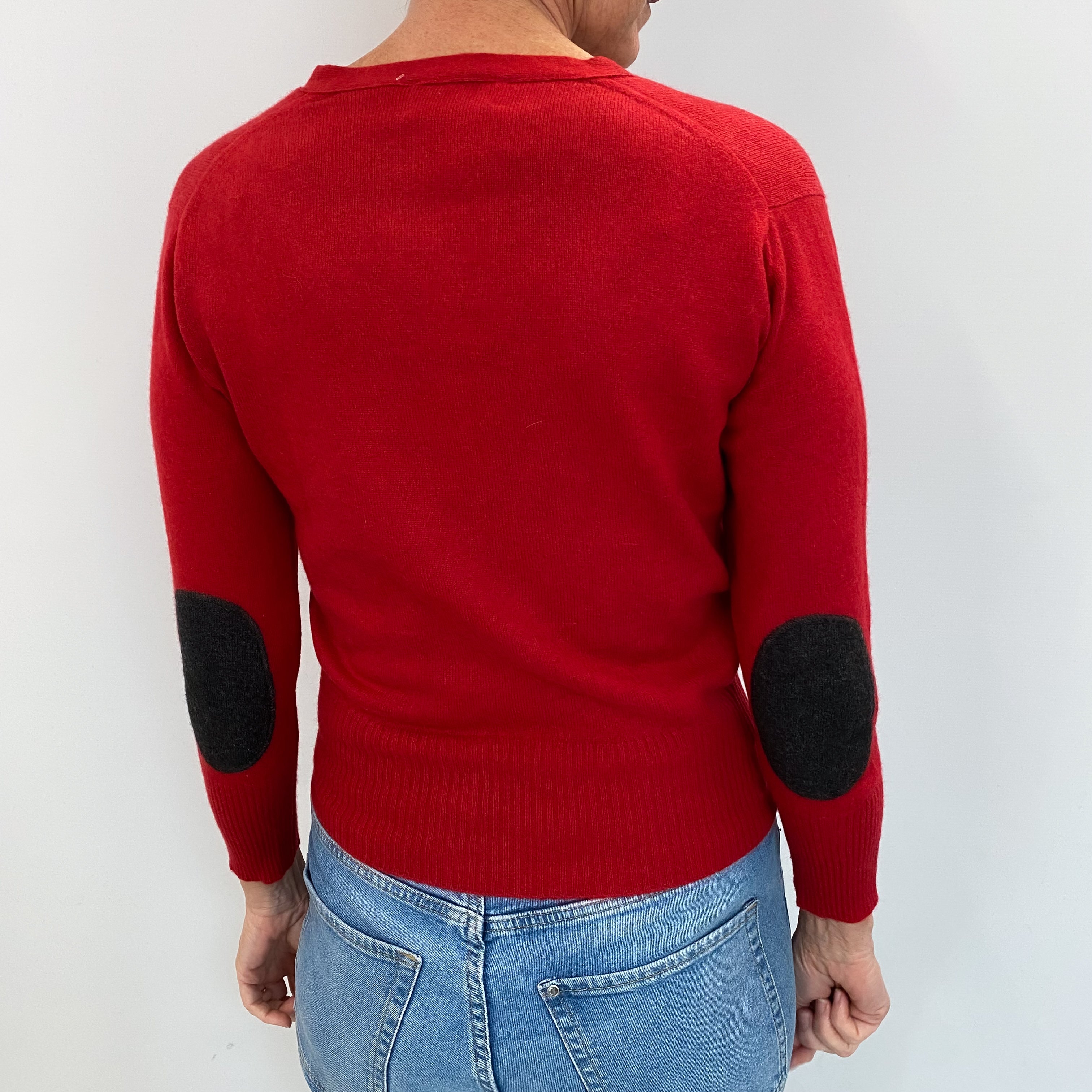 Brora Red Cashmere V Neck Cardigan with Elbow Patches Small