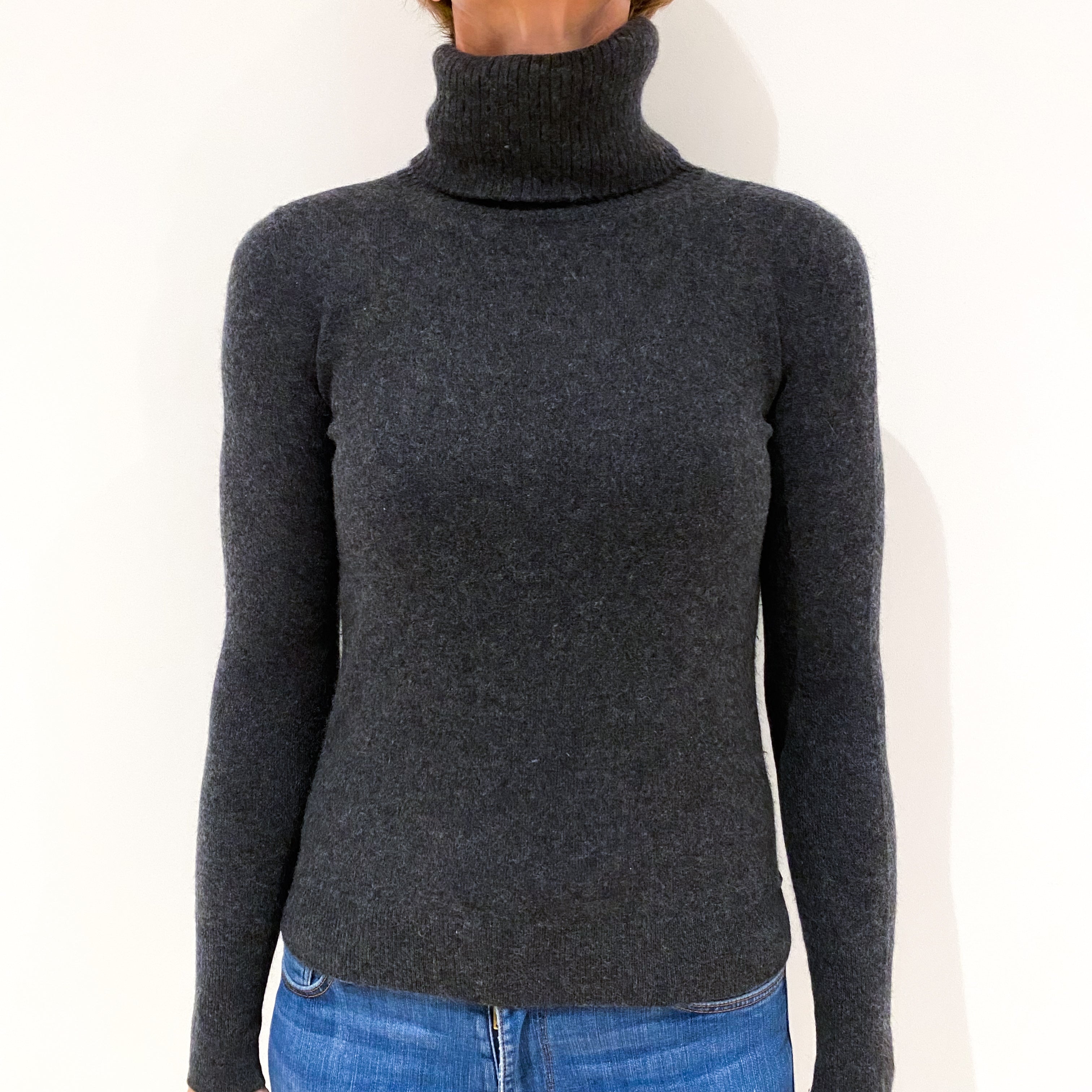 Charcoal Grey Cashmere Polo Neck Jumper Small