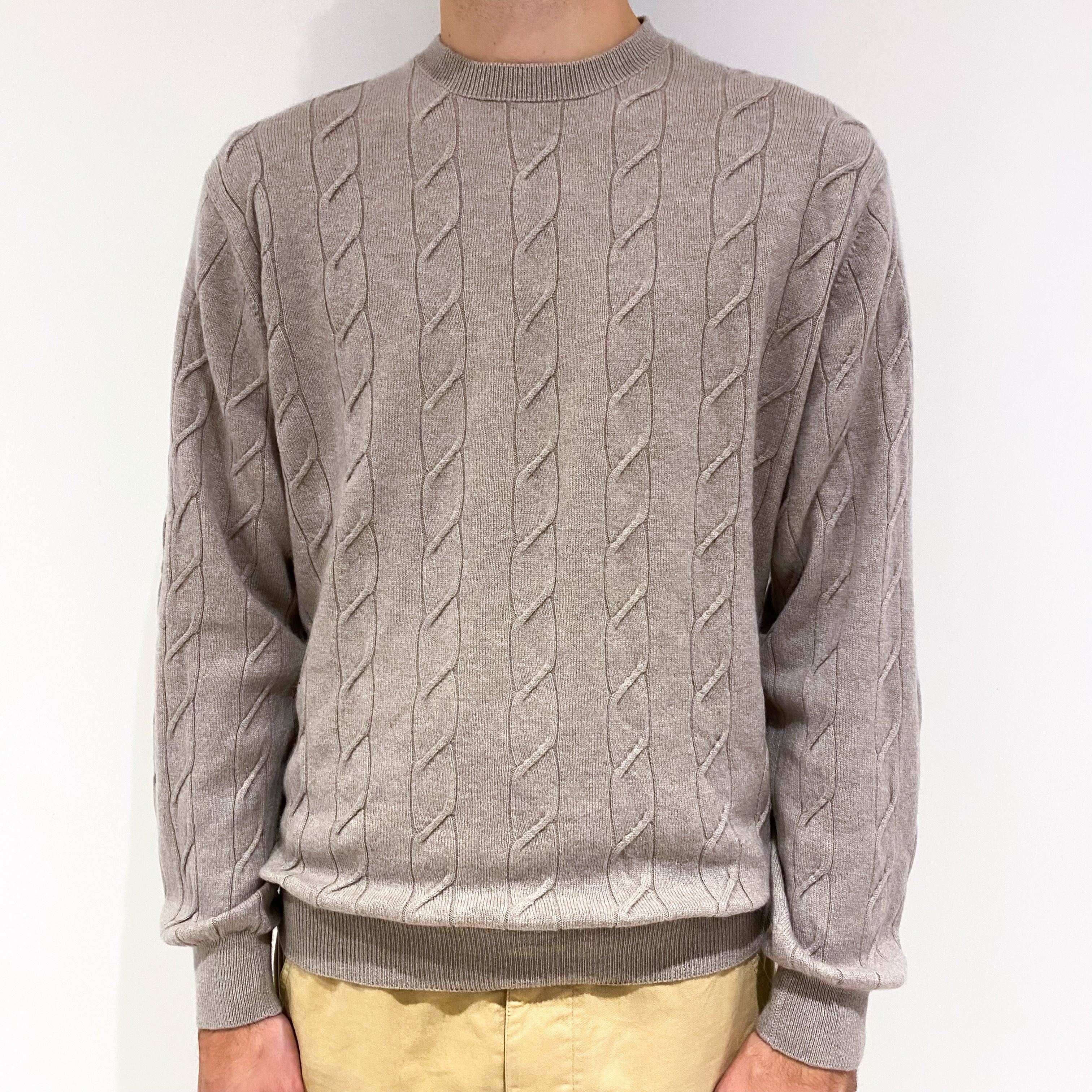 Men's Mink Brown Cable Cashmere Crew Neck Jumper Large