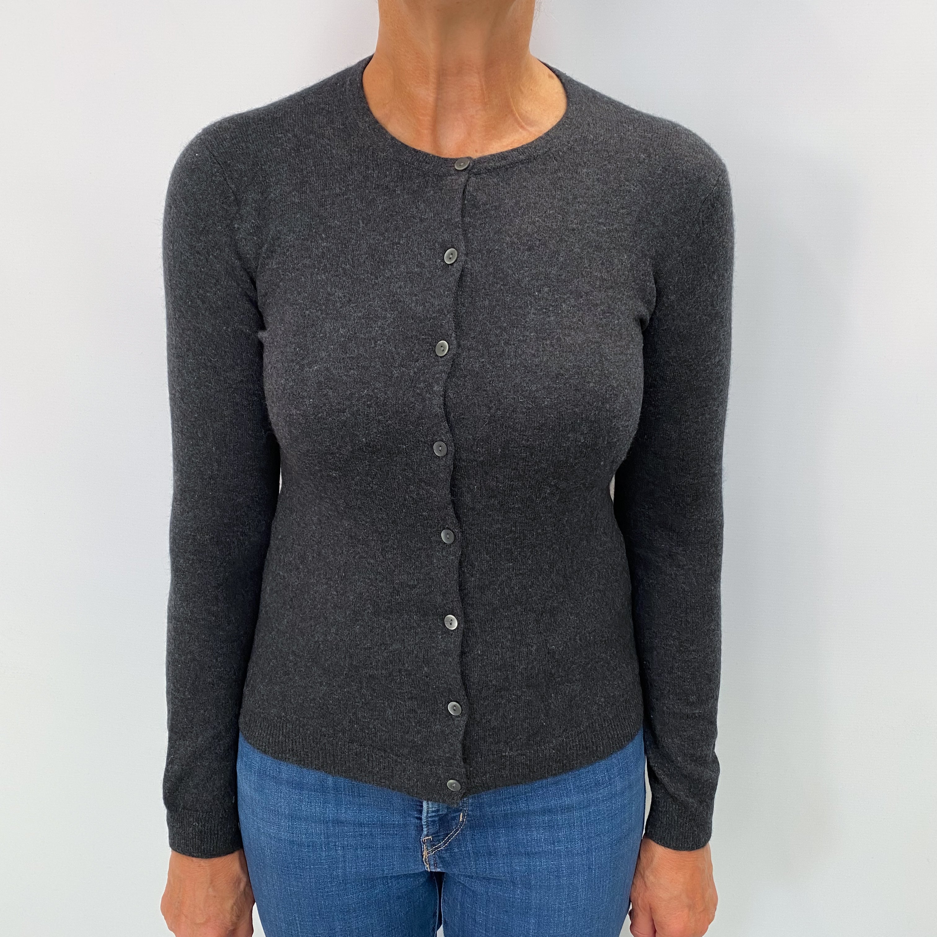 Charcoal Grey Cashmere Crew Neck Cardigan Medium