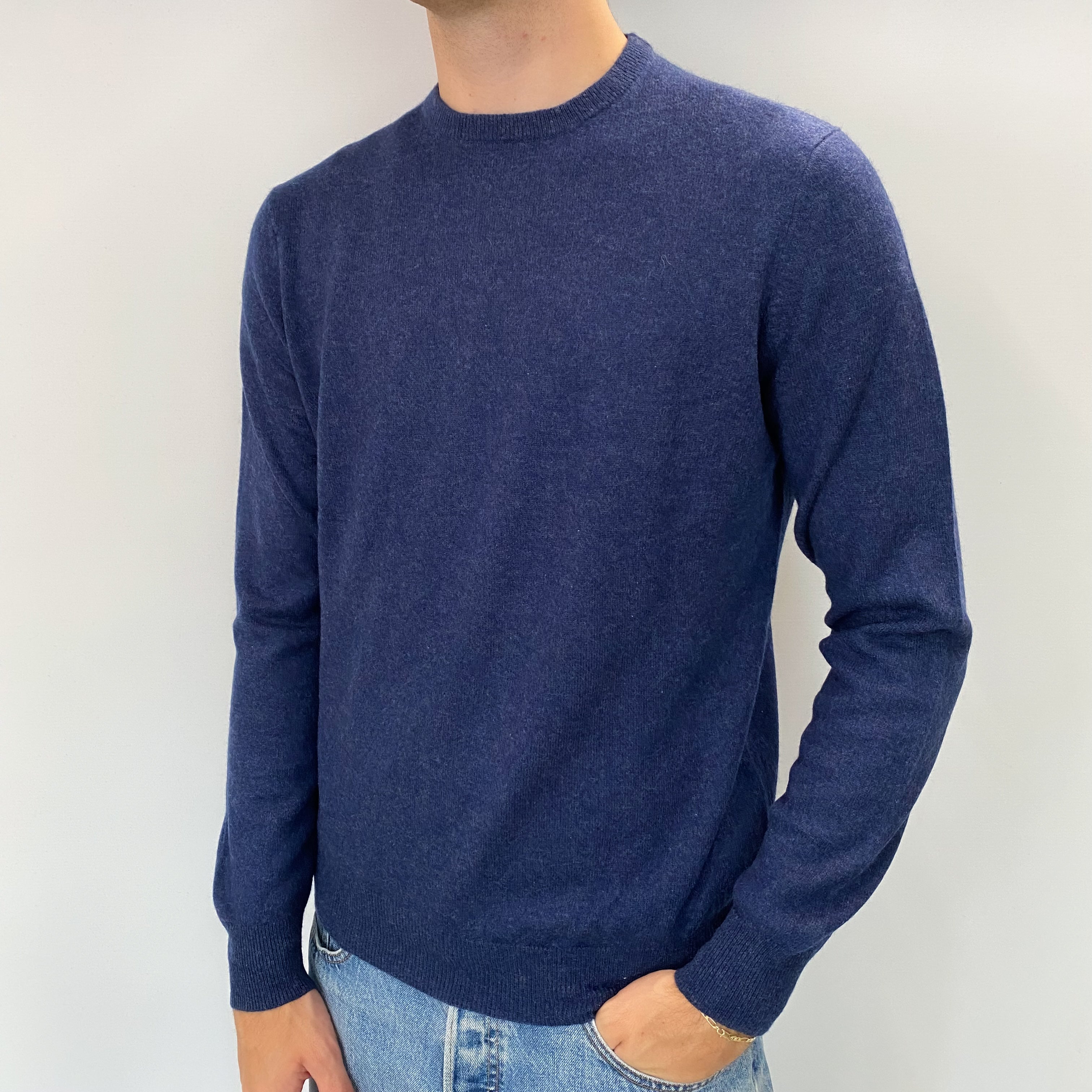 Men's Denim Blue Cashmere Crew Neck Jumper Large