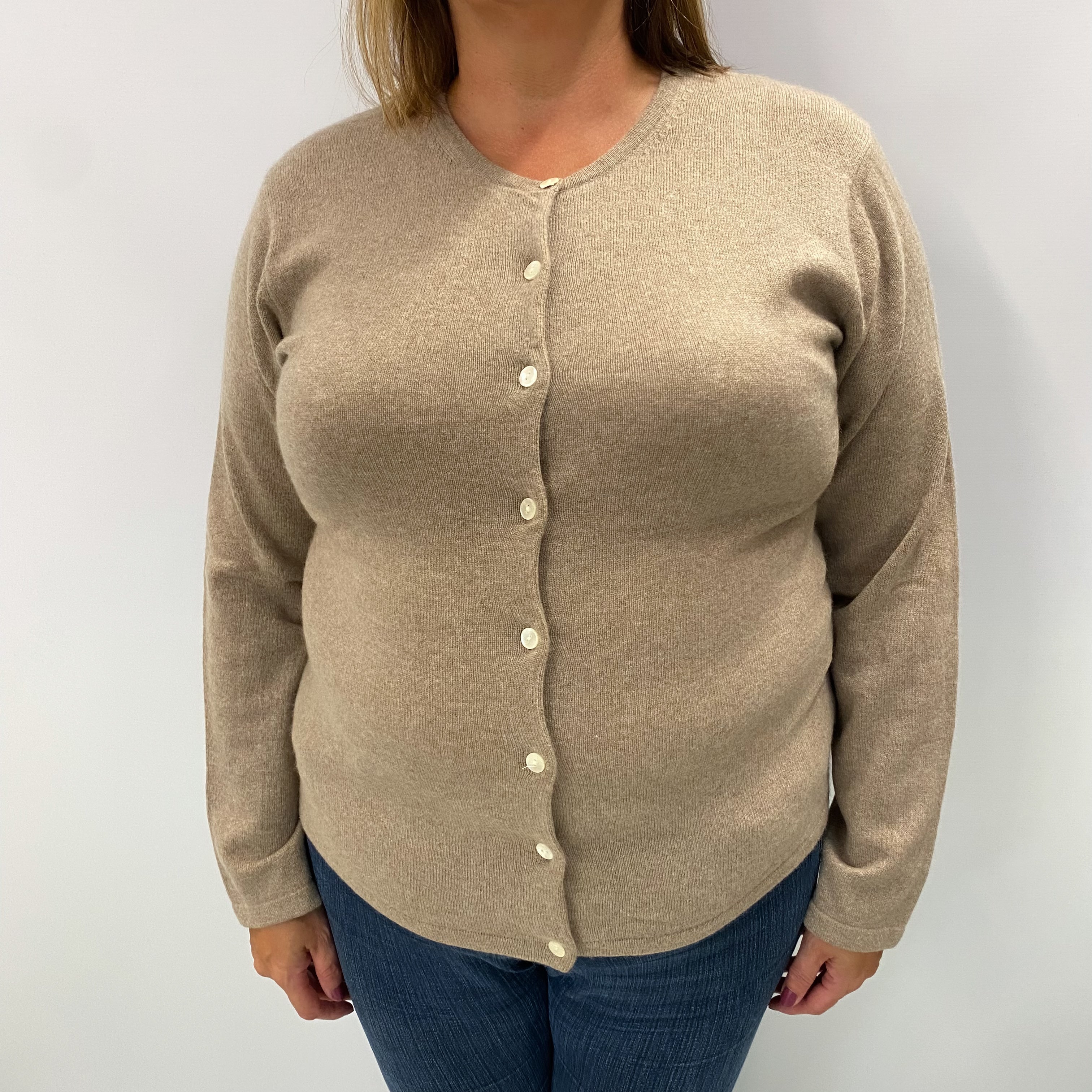 Fawn Beige Cashmere Crew Neck Cardigan Extra Large