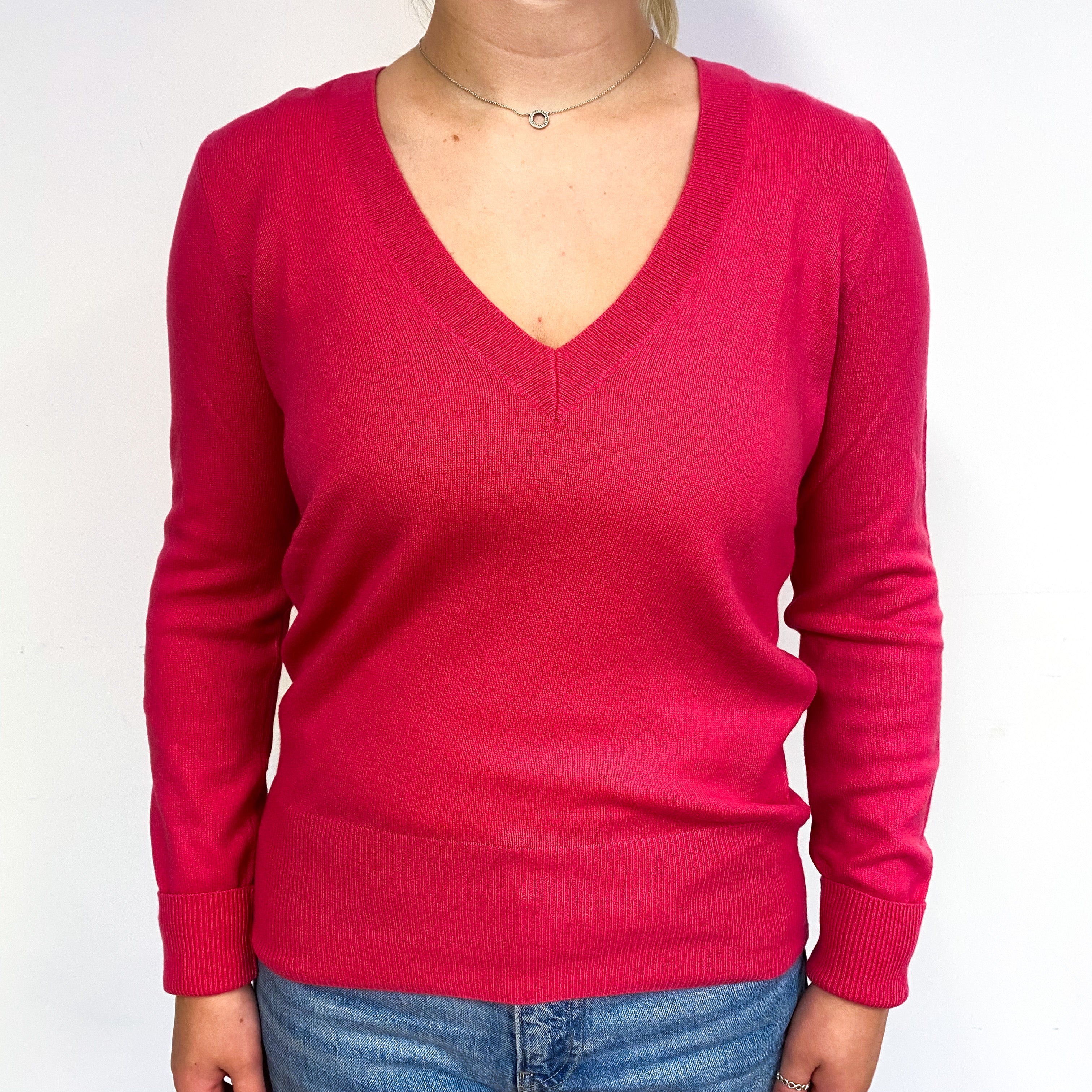 Fuchsia Pink Cashmere V-Neck Jumper Small