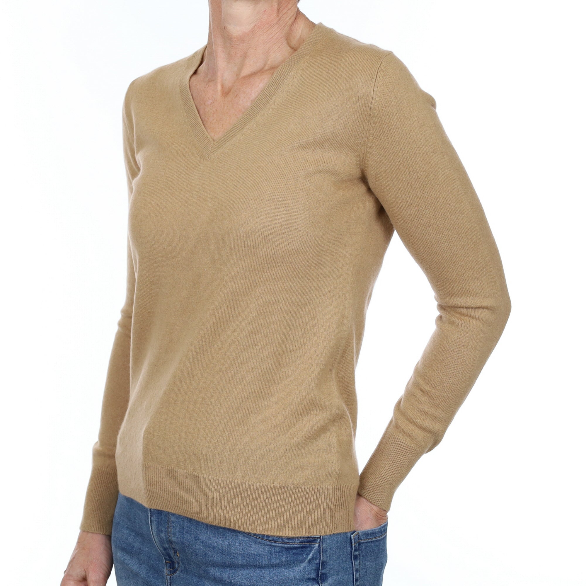 Caramel Brown Cashmere V Neck Jumper Small