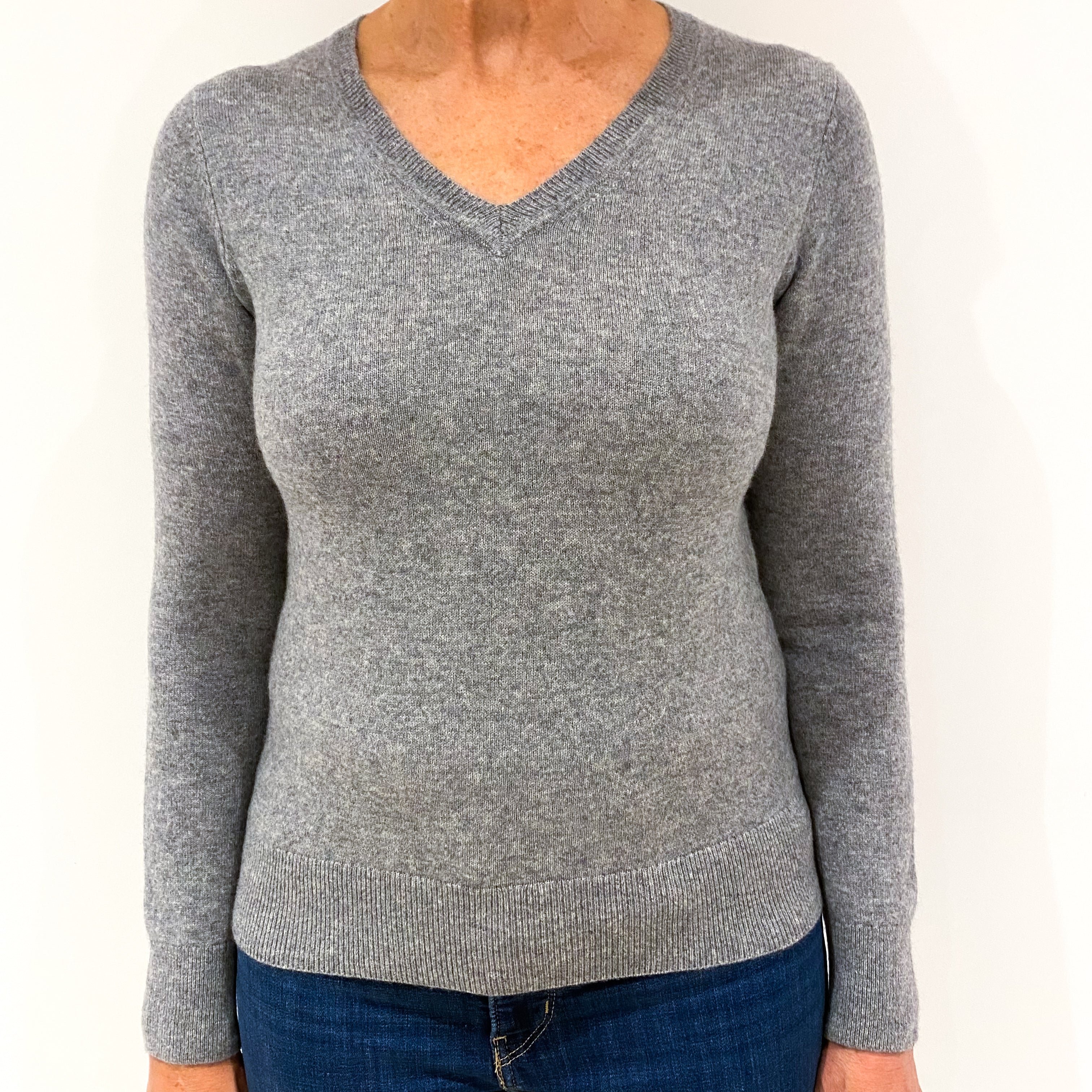 Ash Grey Cashmere V-Neck Jumper Medium
