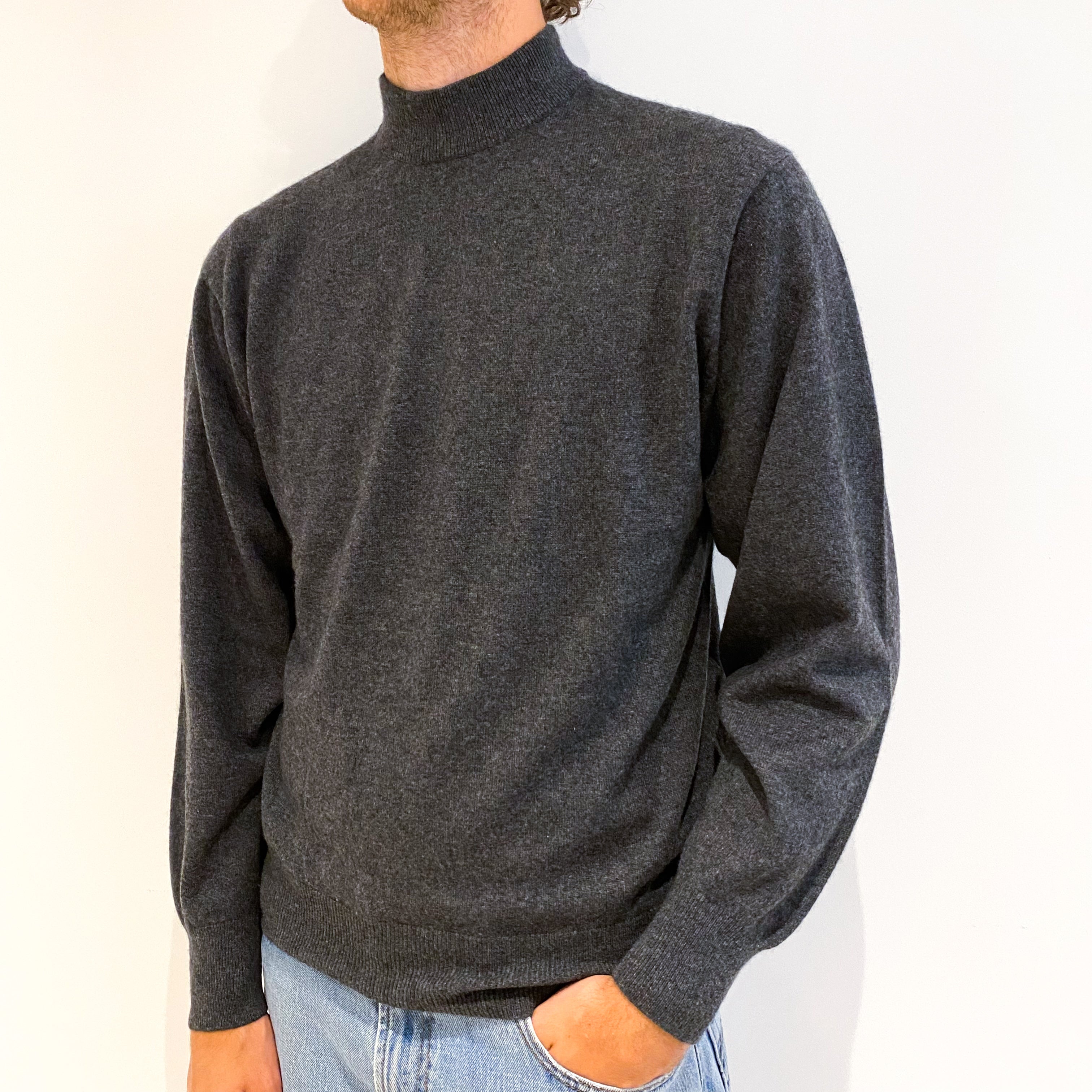 Men's Slate Grey Cashmere Turtle Neck Jumper Medium
