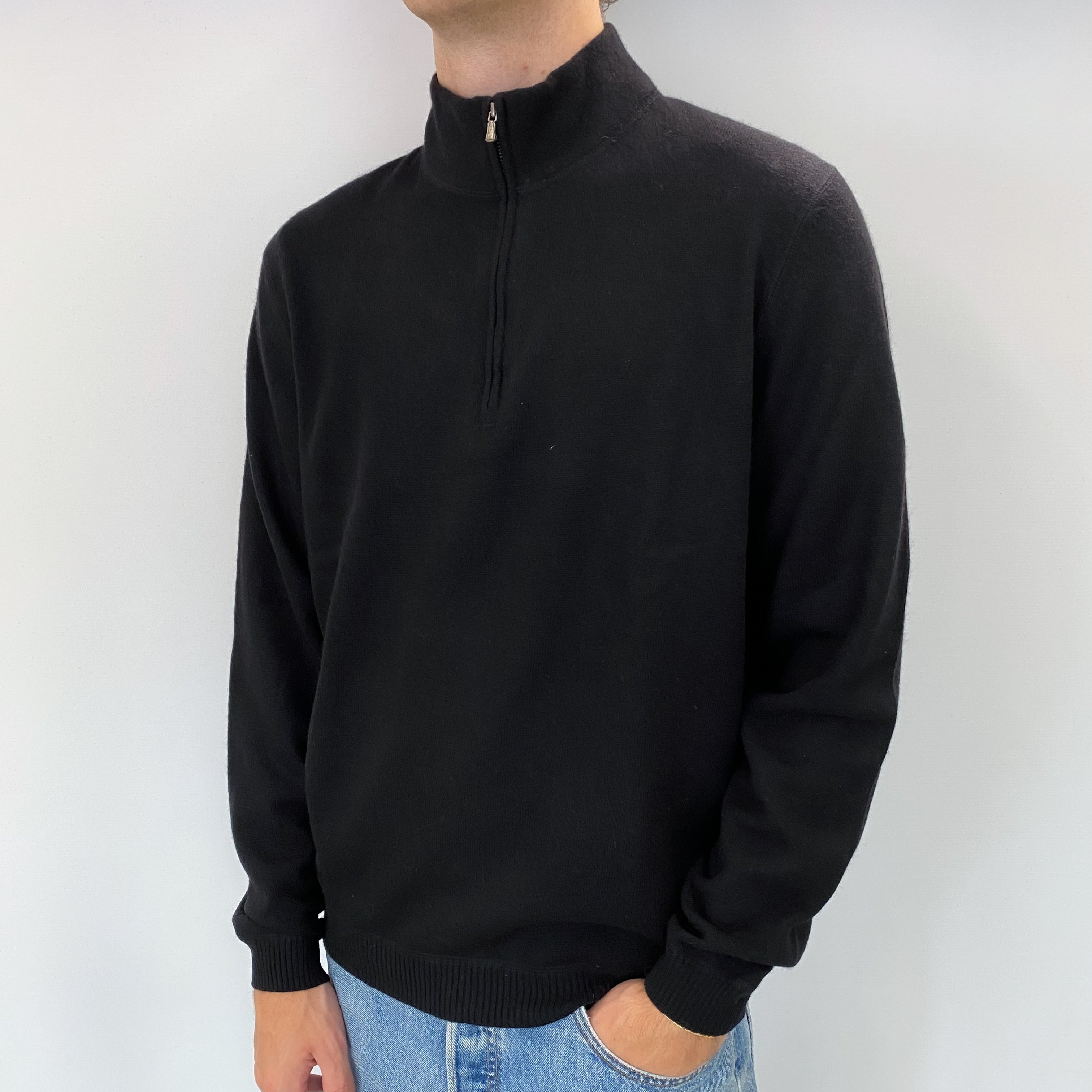 Men's Black Cashmere Quarter Zip Jumper Large