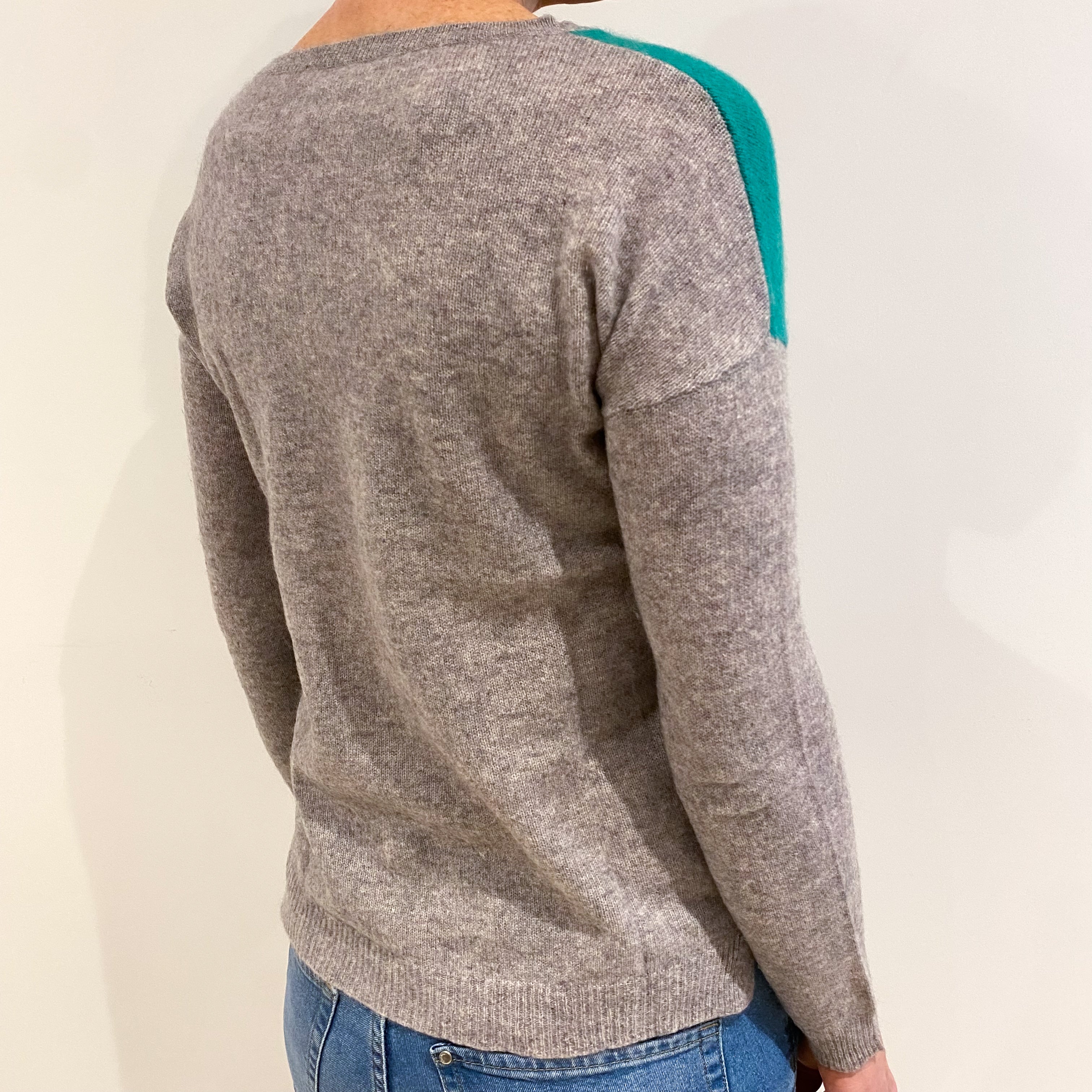 Jade Green and Smoke Grey Cashmere Crew Neck Jumper Small
